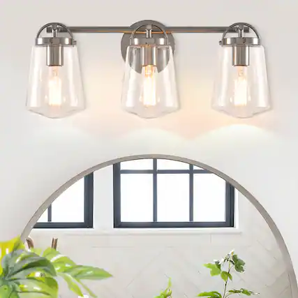 Front. Parrot Uncle - Modern Brushed Nickel 3-Light Glass Dimmable Bathroom Vanity Light Fixture - Brushed Nickel.