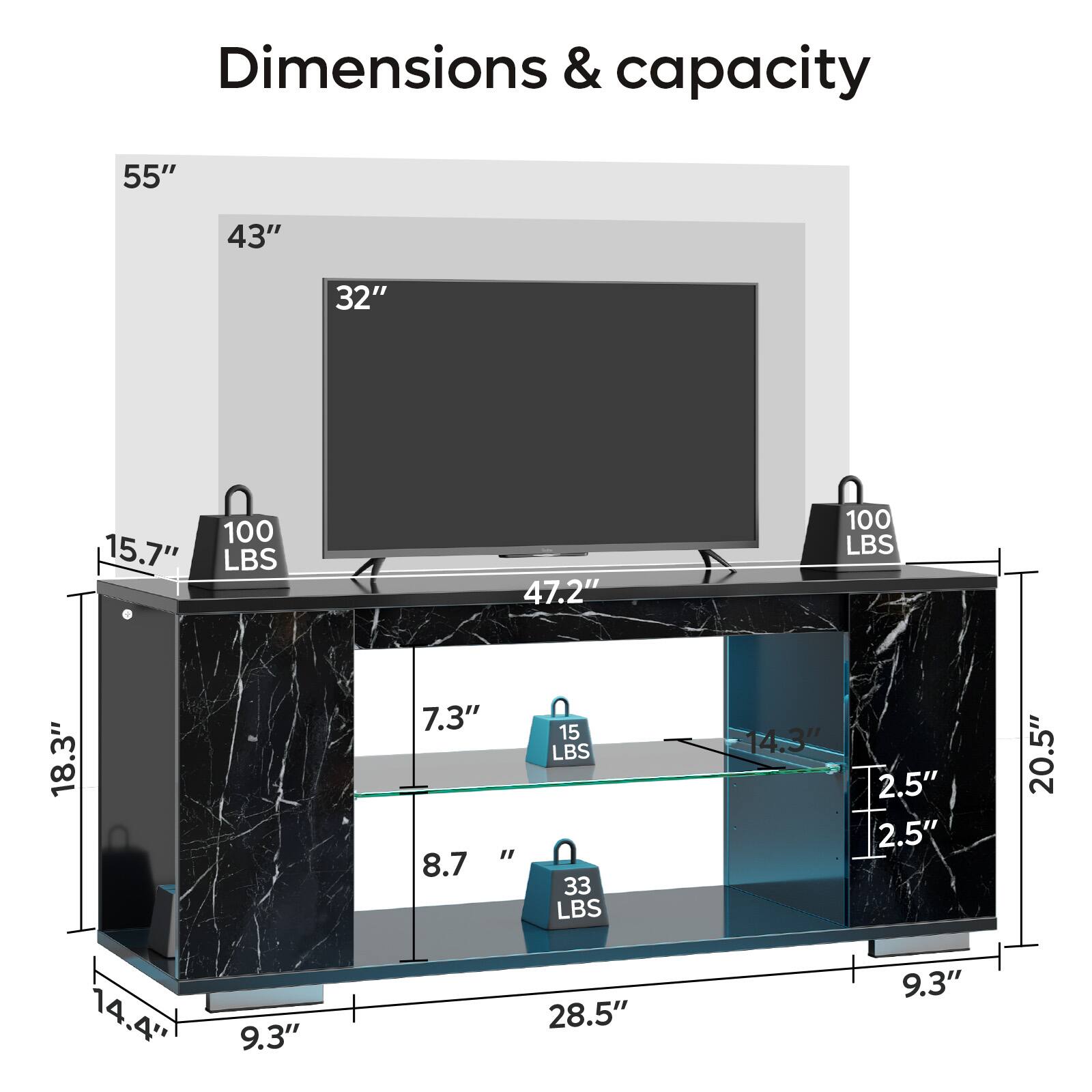 Dimensions & capacity:
55" 43" 32" 15.7" 100 LBS 47.2" 100 LBS 18.3" 7.3" 8.7 15 LBS 33 LBS 14.3" 2.5" 2.5" 20.5" 14.4" 9.3" 28.5" 9.3"