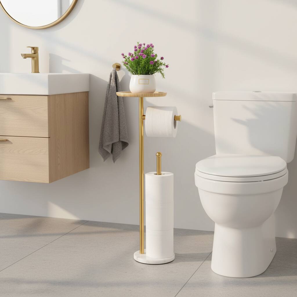 Alt View 1. Dazzed Corner - Toilet Paper Holder with 7.9" Big Tray, Marble Base,Holds 5 Paper Rolls - Gold.