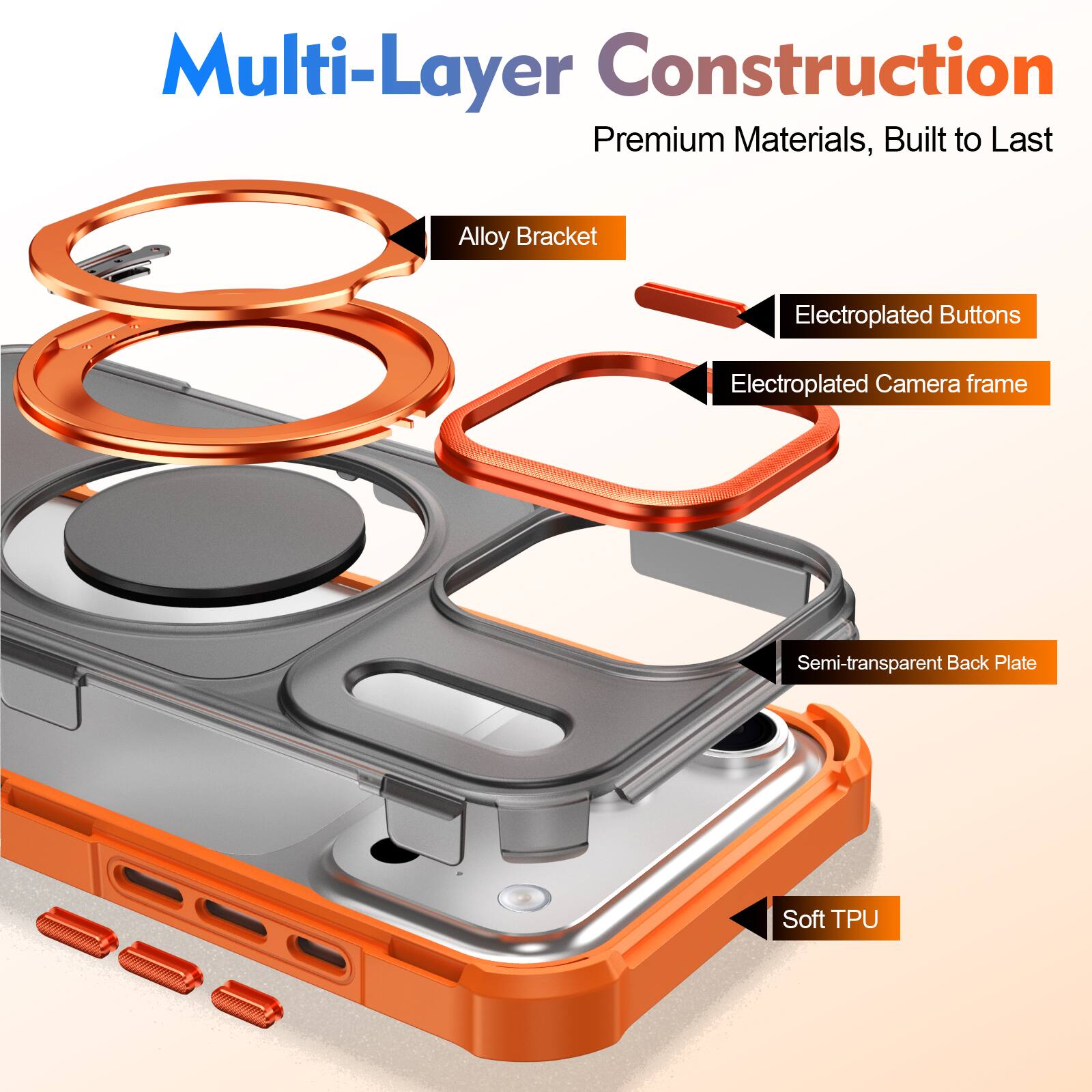 Multi-Layer Construction  
Premium Materials, Built to Last  

- Alloy Bracket  
- Electroplated Buttons  
- Electroplated Camera frame  
- Semi-transparent Back Plate  
- Soft TPU