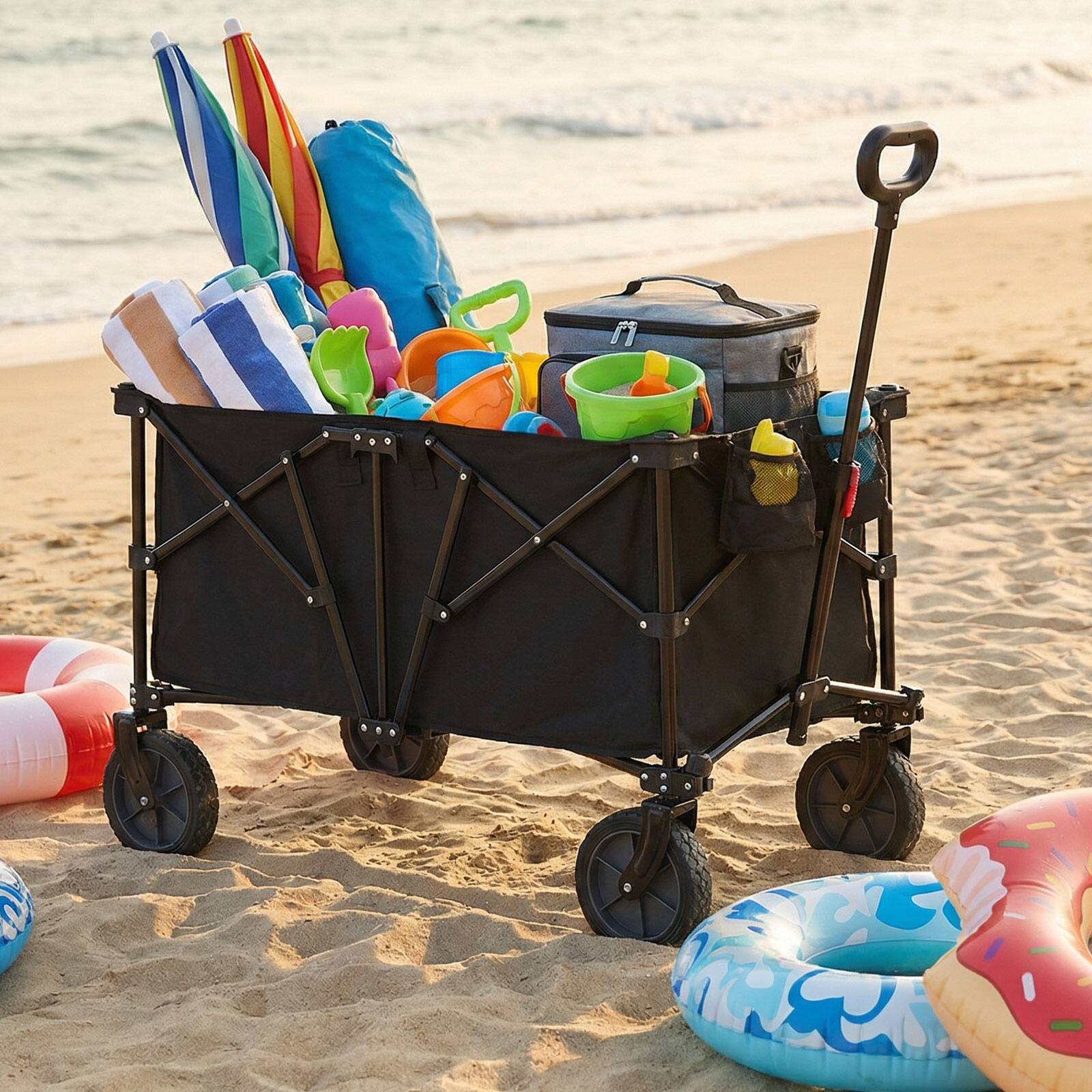 Alt View 3. Gymax - Gymax 38'' Collapsible Wagon Cart w/All-Terrain Wheels 2 Cup Holders Adjustable Handle - Black.