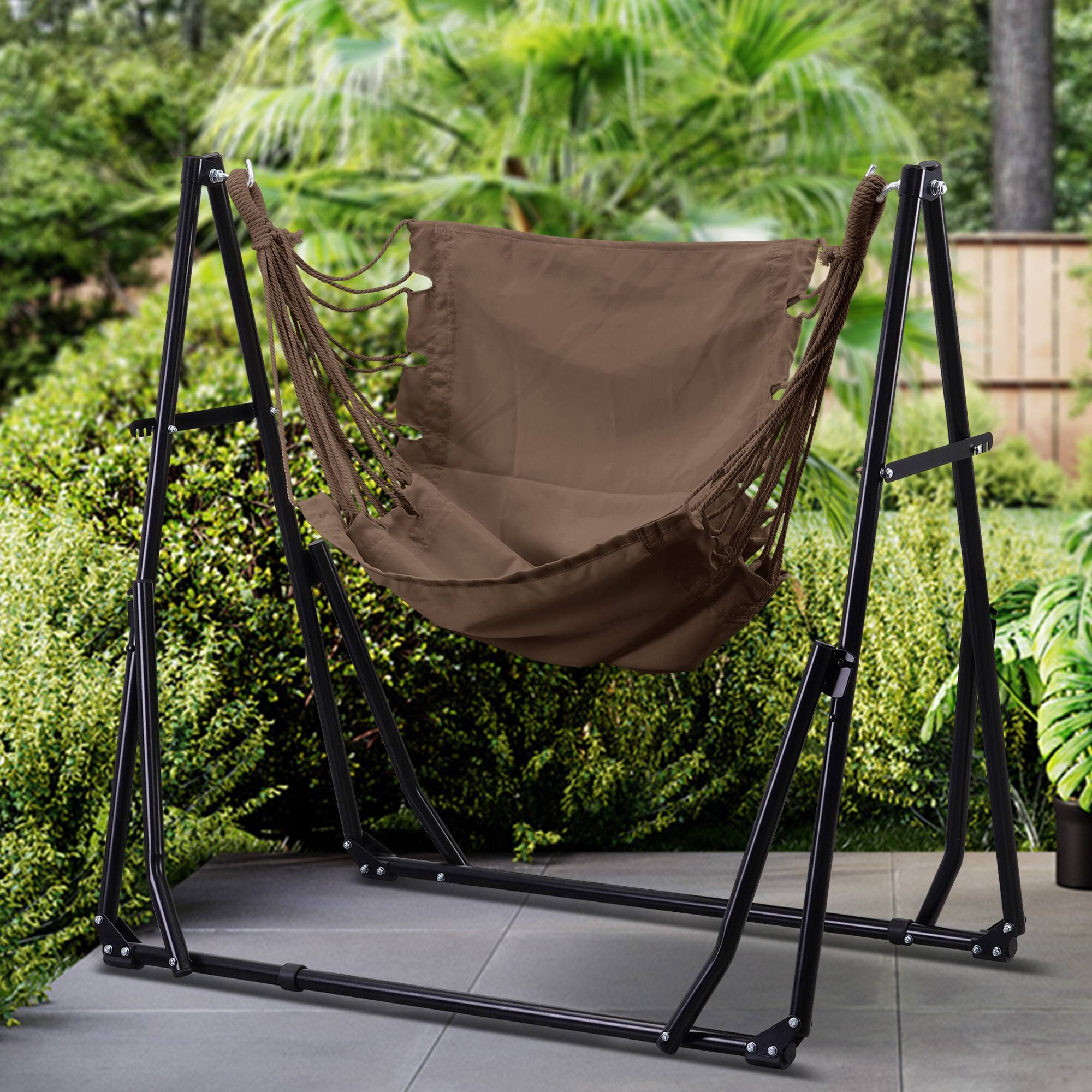Angle. Ainfox - Foldable Hammock with Stand, 2-in-1 Hammock Swing Chair for Outdoor Patio, Portable Heavy Duty with Carrying Bag - Coffee.