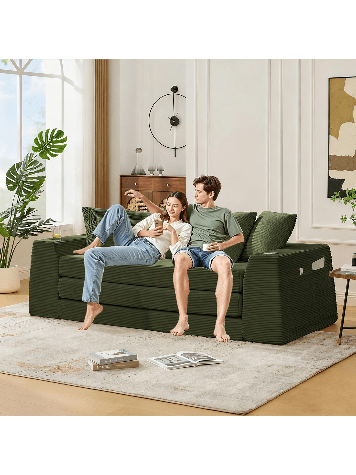 Left. Trinkets Crazed - 82.25" Convertible Sofa Bed, Loveseat Sleeper Sofa, 2 In 1 Sofa, Corduroy Pull Out Sofa Bed, 5 Pillows, Side Pocket - Green.