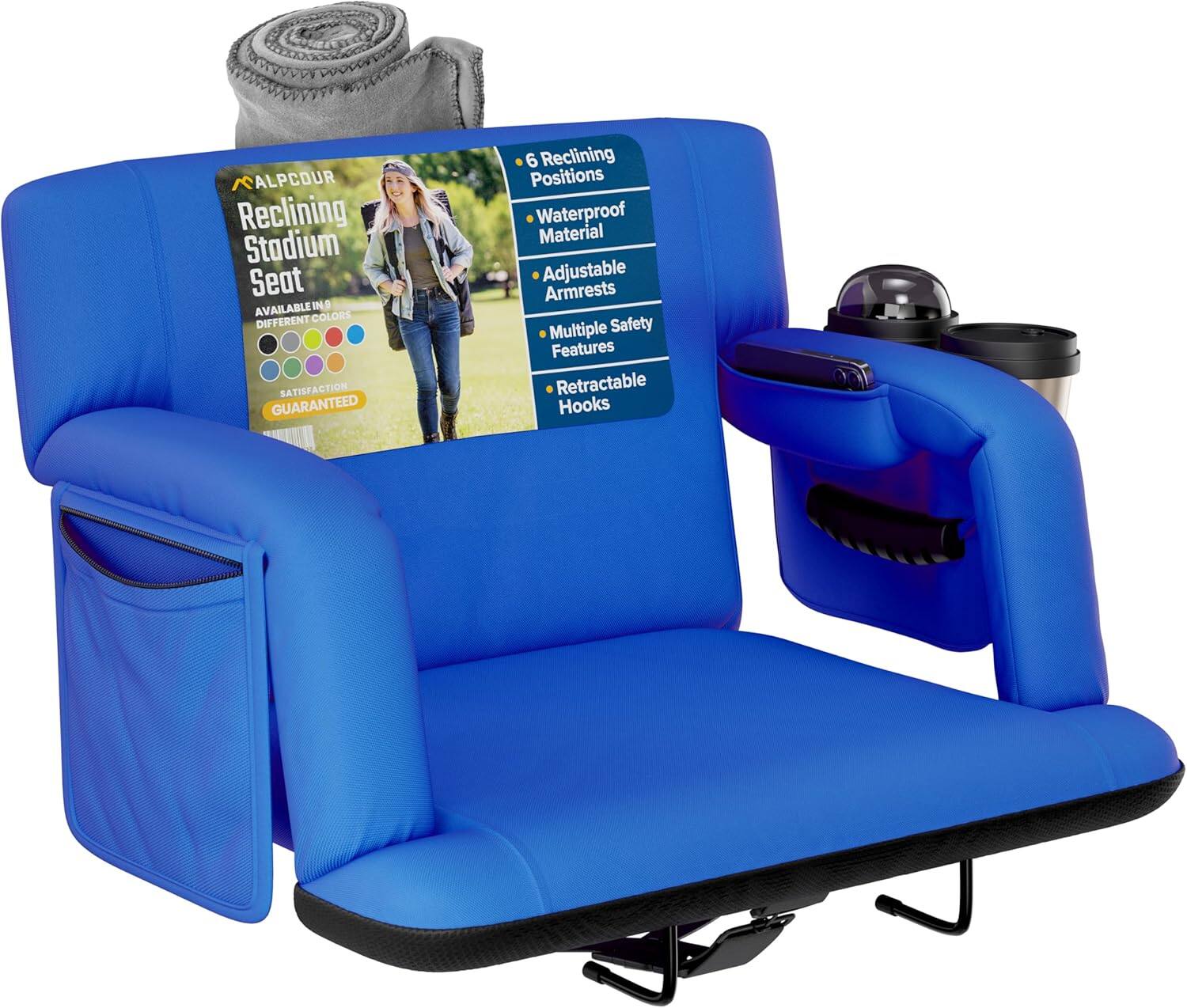 ALPCOUR  
Reclining Stadium Seat  
AVAILABLE IN DIFFERENT COLORS  

SATISFACTION GUARANTEED  

- 6 Reclining Positions  
- Waterproof Material  
- Adjustable Armrests  
- Multiple Safety Features  
- Retractable Hooks  

6 Reclining Positions  
Waterproof Material  
Adjustable Armrests  
Multiple Safety Features  
Retractable Hooks