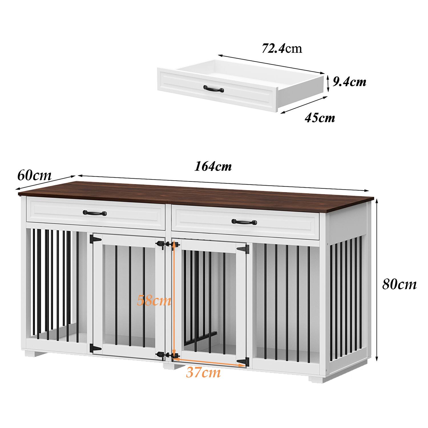 - Width: 164 cm
- Depth: 60 cm
- Height: 80 cm
- Drawer Width: 72.4 cm
- Drawer Height: 9.4 cm
- Drawer Depth: 45 cm
- Shelf Height: 58 cm
- Shelf Depth: 37 cm