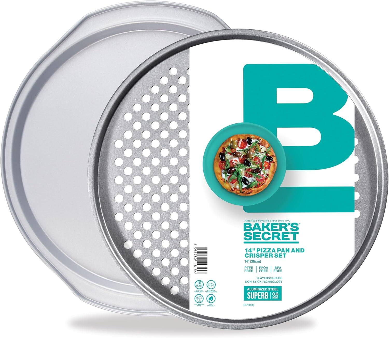 Baker's Secret - 14" Pizza Pans for Oven, 1x Pizza pan & Crisper set Aluminized Steel - Silver