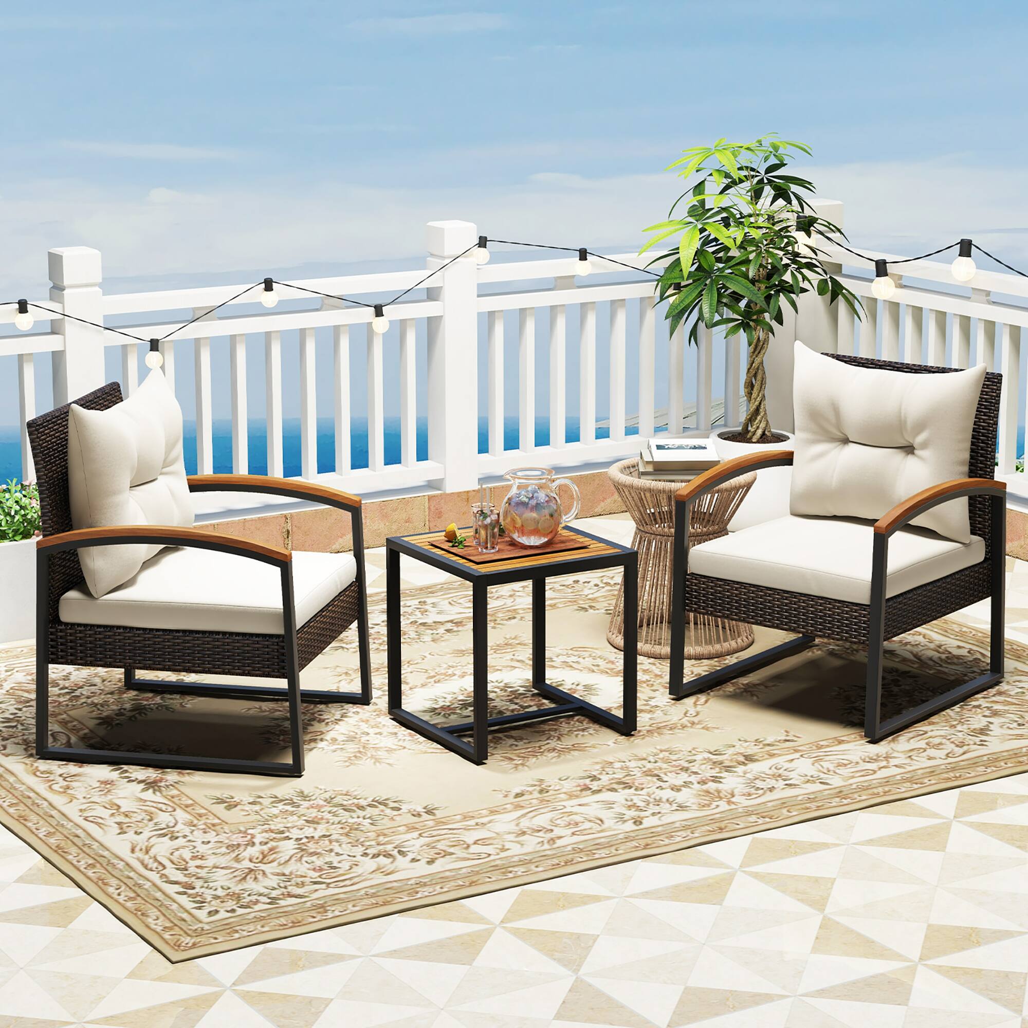 Alt View 4. Gymax - Gymax 3PCS Patio Wicker Furniture Set PE Wicker Furniture Conversation Set w/ Acacia Wood Table - Mix Brown, Off White.