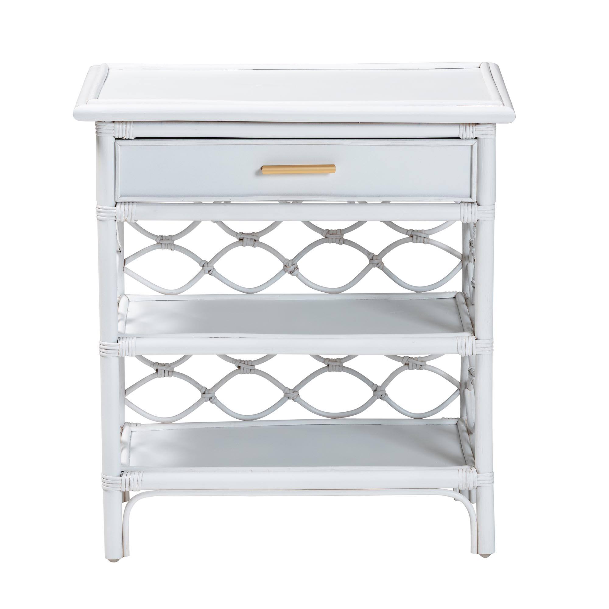 Left. bali & pari - Akane Natural Rattan Nightstand with Drawer and Open Shelves – Coastal Bedside Table with Lattice Design, White - White.