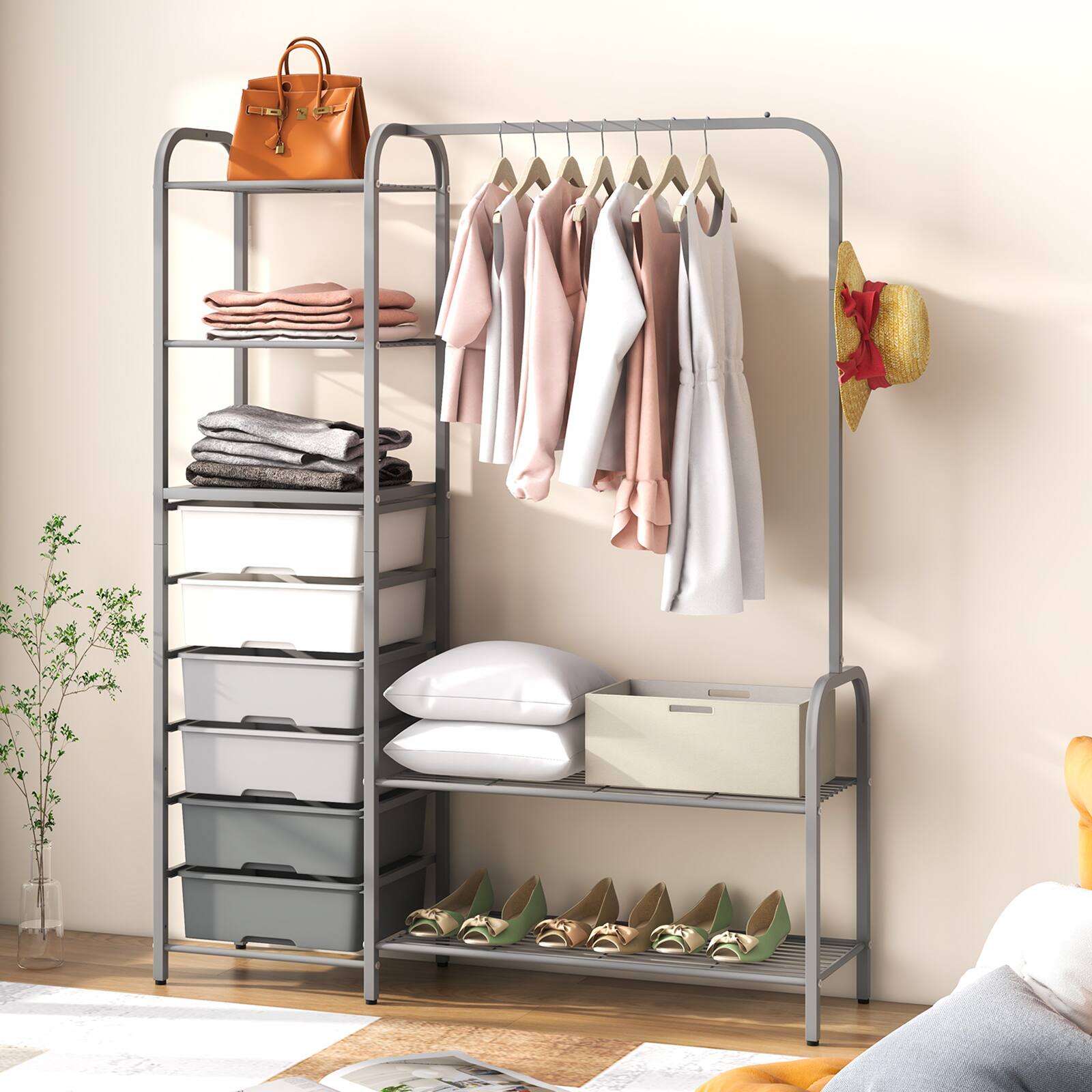 Alt View 1. Costway - Costway Heavy Duty Clothes Rack with 6 Removable Drawers 3-Tier Open Shelves & 2-Tier Metal Shoe Rack Side Hook - Grey.