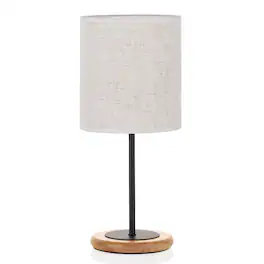Oumilen - Natural Wood Base Black Metal Pole Fabric Shade Table Lamp