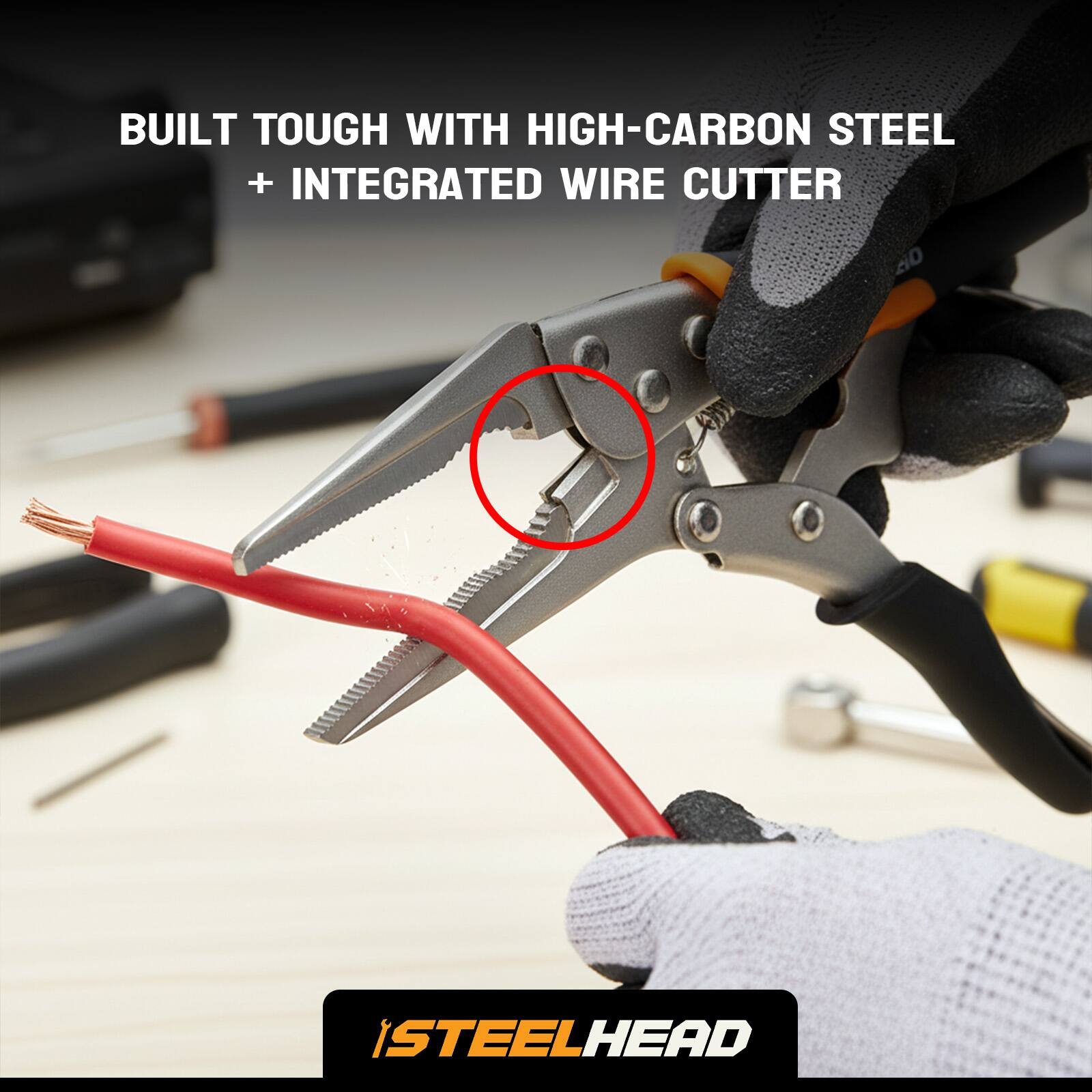 BUILT TOUGH WITH HIGH-CARBON STEEL + INTEGRATED WIRE CUTTER  
HIGH-CARBON STEEL WIRE CUTTER  
STEELHEAD