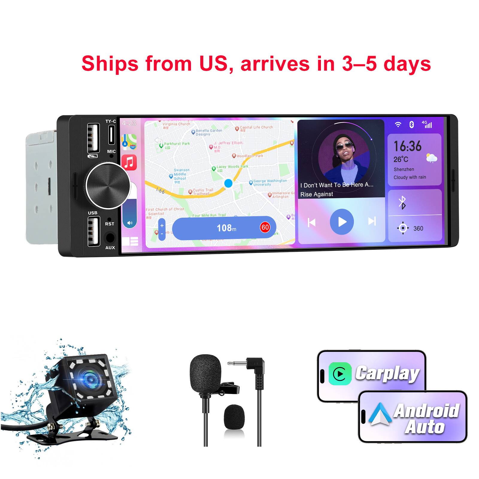 Junsun - Wireless carplay Android Auto Universal Car Stereo Radio Touchscreen Player Bluetooth 6.36"+ Rear Camera + Microphone - Black