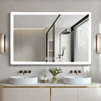 Front. Boyel Living - 48 by 32 Inch LED Bathroom Mirror with Brushed Aluminum Frame Copper Free Silver Glass.