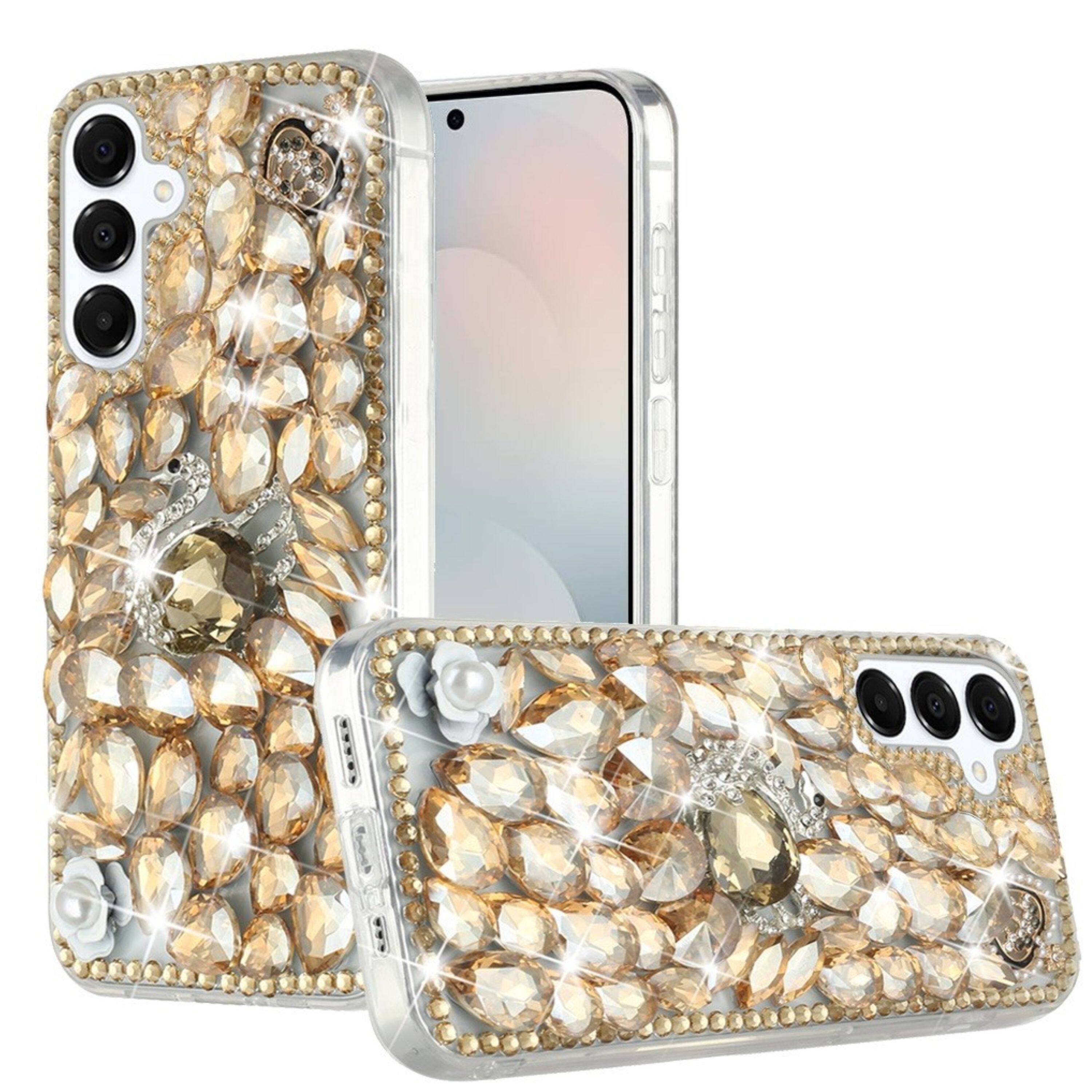 Front. Kitcheniva - Full Diamond Bling 3D Jewel Ornaments Plus Tempered Glass For Samsung S25 FE Gold Swan Crown Pearl - Multicolor.