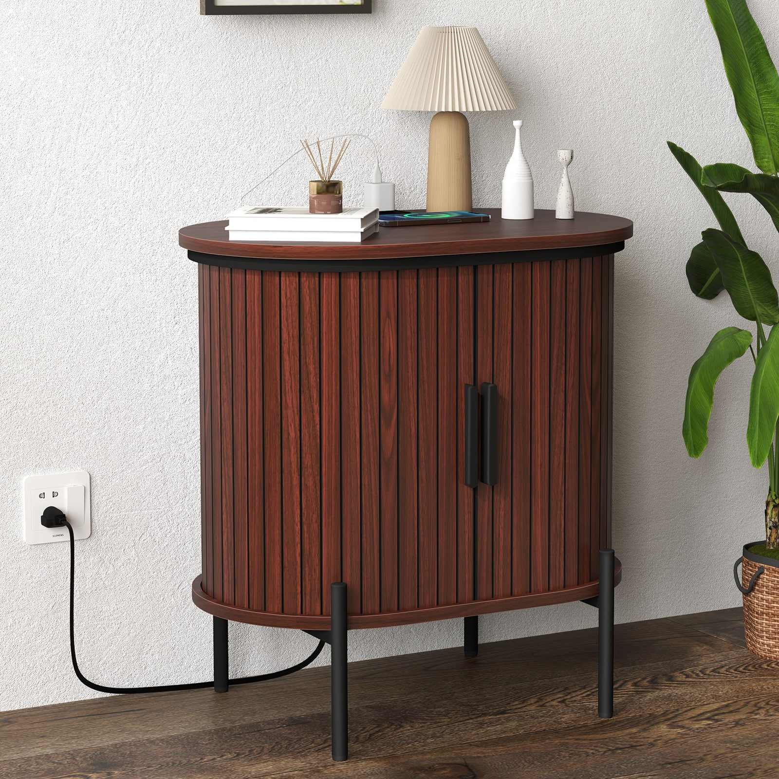 Bestier - Mid-Century Modern Side Table with Sliding Slat Doors, Built-In Power Outlet & USB Ports - Reddish brown