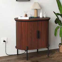Bestier - Mid-Century Modern Side Table with Sliding Slat Doors, Built-In Power Outlet & USB Ports - Reddish brown