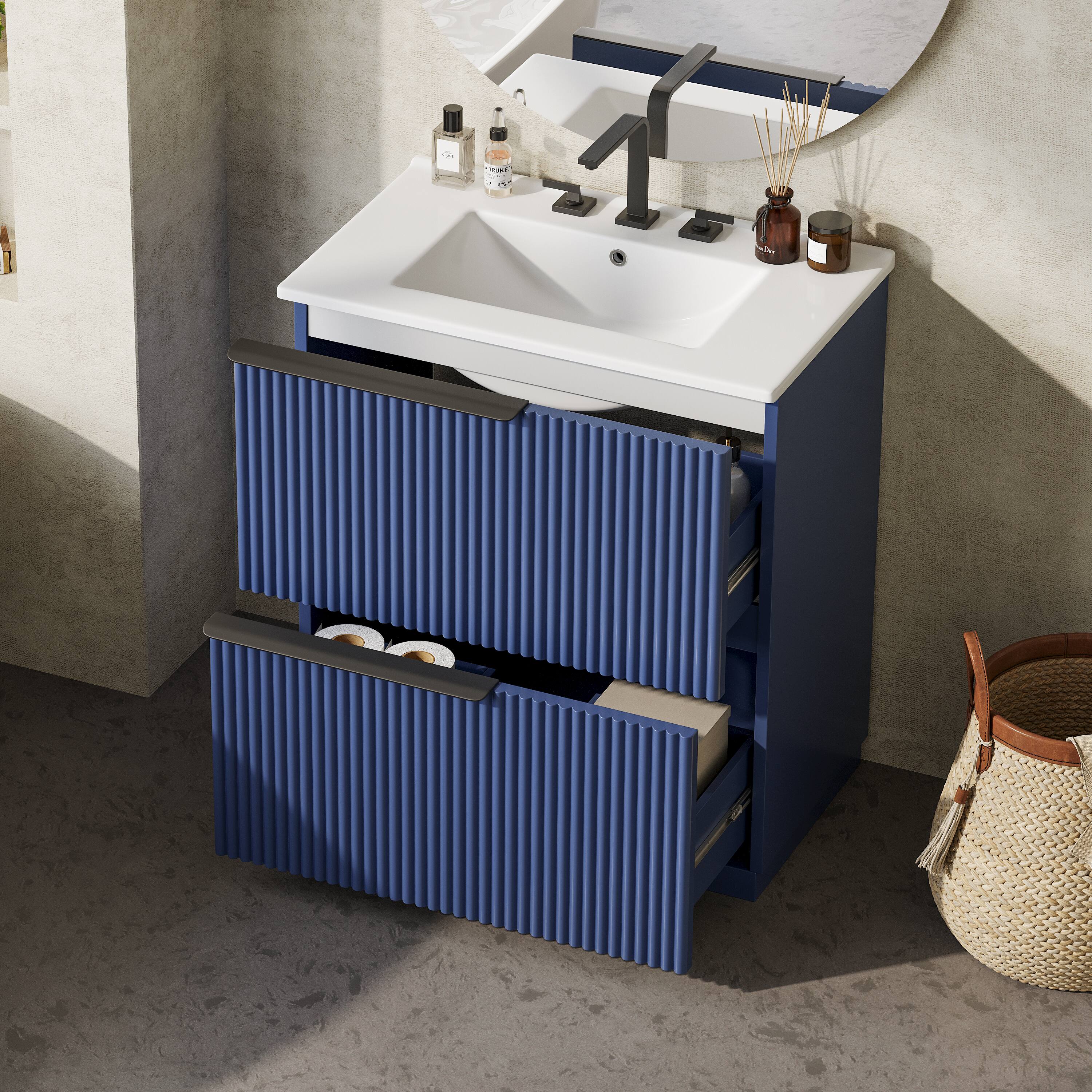 Alt View 1. Loheer - 2.5 ft Bathroom Vanity with Ceramic Sink, Full-Extension Soft-Close Drawers, Fluted Design - Blue.