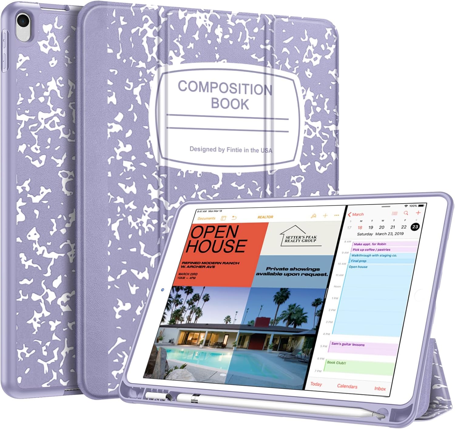 COMPOSITION BOOK  
Designed by Fintie in the USA

---

SECAR - HEALTOR Decumments  
OPEN NETTER'S PEAK REALTY GROUP  
HOUSE REFINED MODERN RANCH W ARCHER AVE  
Private showings MARCH 23RD available upon request. 10AM APSI

March 17 18 19 20 21 22  
Saturday March 23, 2019  
Make appr New MonDairy STACK uve coffee pastries Walkthrough - staging esr.  
Final prep Open Prouse

23

Sam's Quitar MESONS  
JPJULE Book Club!!

Today  
Calendars  
Inbox