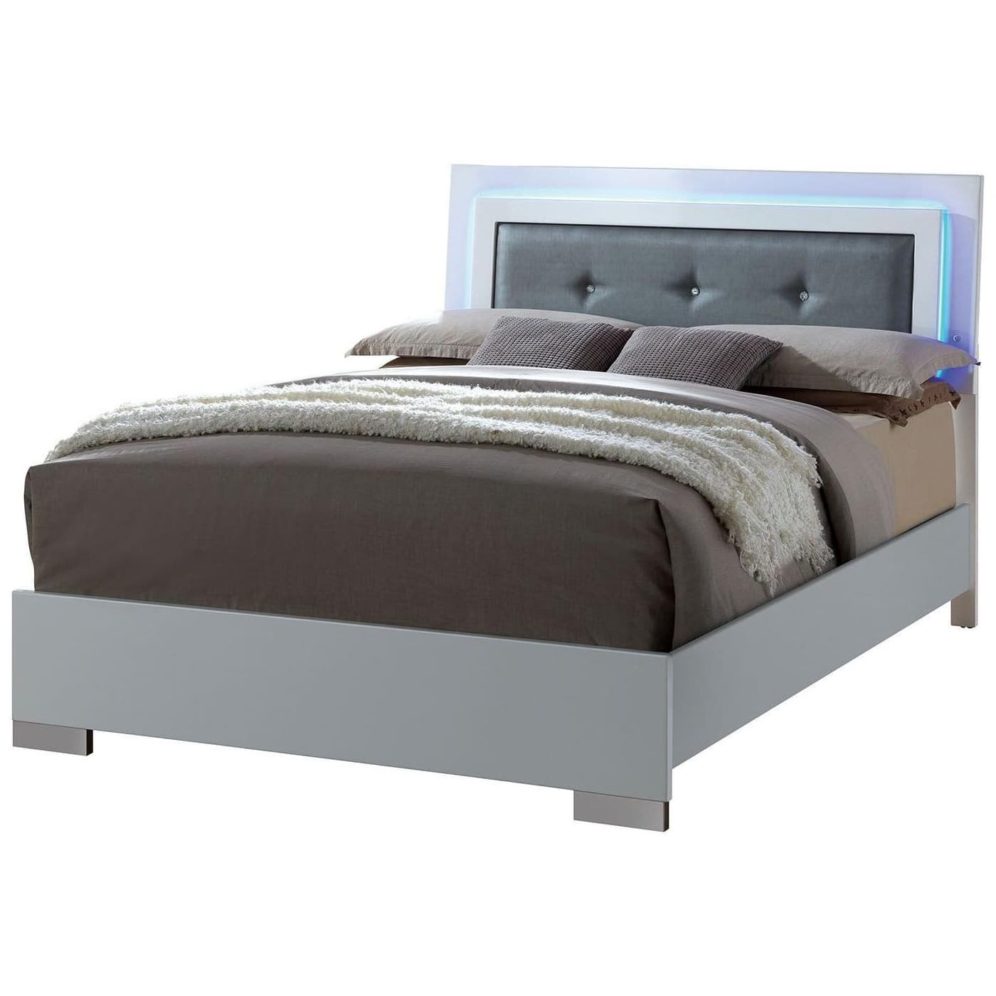Manhattan Lane - Wooden Queen Bed with Leatherette Headboard and LED trims, White and Black - White and Black