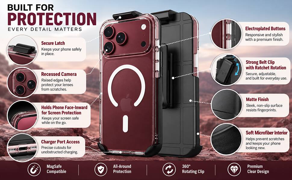 BUILT FOR PROTECTION  
EVERY DETAIL MATTERS

- Secure Latch  
  Keeps your phone safely in place.

- Recessed Camera  
  Raised edges help protect your lenses from scratches.

- Electroplated Buttons  
  Responsive and stylish with a premium finish.

- Strong Belt Clip with Ratchet Rotation  
  Secure, adjustable, and built for everyday use.

- Holds Phone Face-Inward for Screen Protection  
  Keeps your screen safe while on the go.

- Charger Port Access  
  Precise cutouts for unobstructed charging.

- Matte Finish  
  Sleek, non-slip surface resists fingerprints.

- Soft Microfiber Interior  
  Helps prevent scratches and keeps your phone looking new.

- MagSafe Compatible

- All-Around Protection

- 360° Rotating Clip

- Premium Clear Design