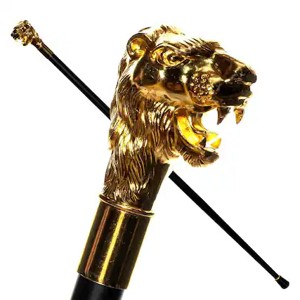 Front. Underwraps - Deluxe Metal Golden Lion's Head Cane Adult Costume Accessory - Gold.