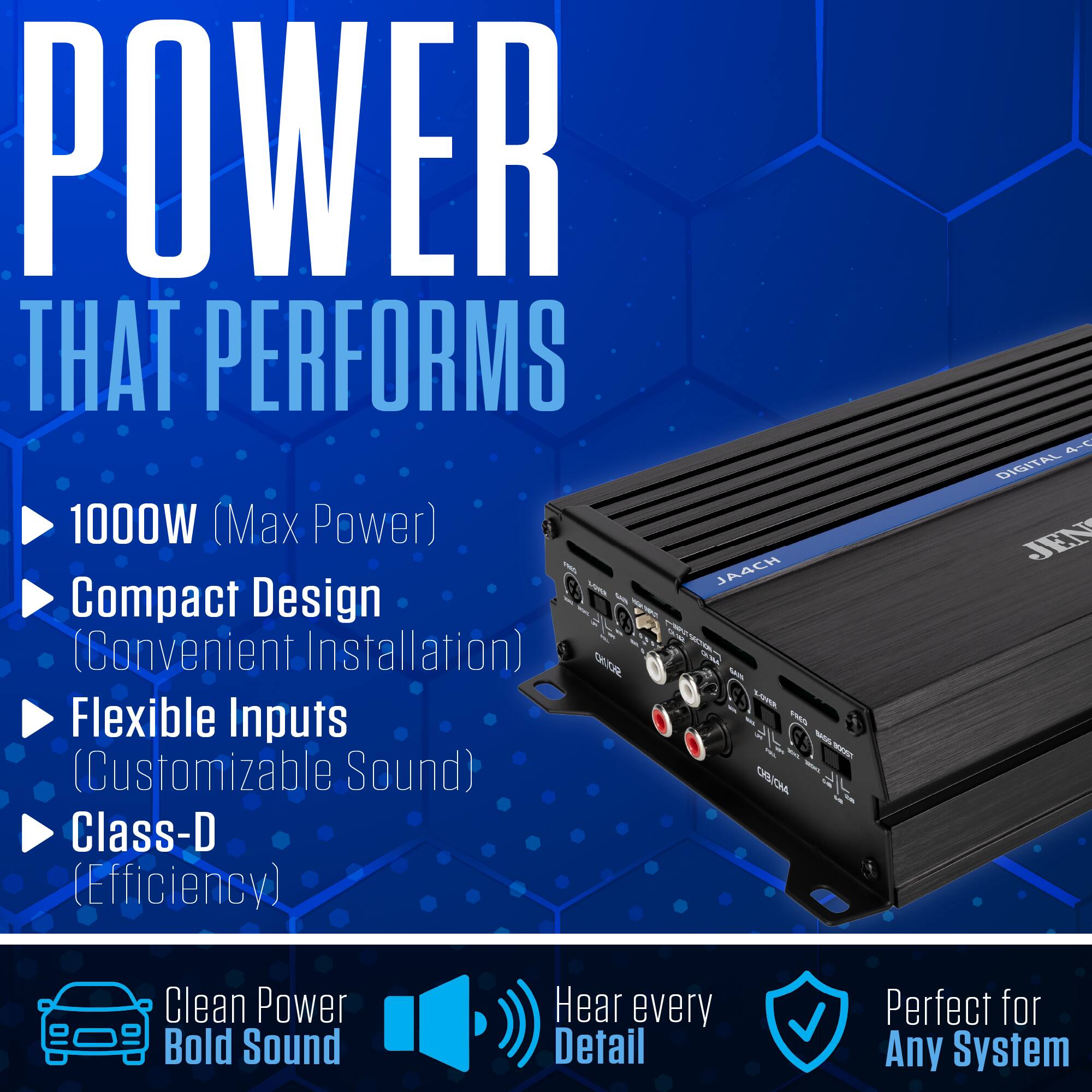 POWER THAT PERFORMS  
1000W (Max Power)  
Compact Design (Convenient Installation)  
Flexible Inputs (Customizable Sound)  
Class-D (Efficiency)  

Clean Power Bold Sound  
Hear every Detail  
Perfect for Any System