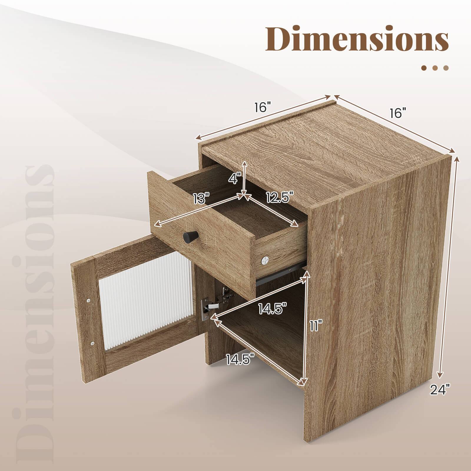 Dimensions:  
- Width: 16"  
- Depth: 16"  
- Height: 24"  
- Drawer Width: 13"  
- Drawer Depth: 12.5"  
- Drawer Height: 4"  
- Shelf Width: 14.5"  
- Shelf Depth: 11"  
- Shelf Height: 14.5"