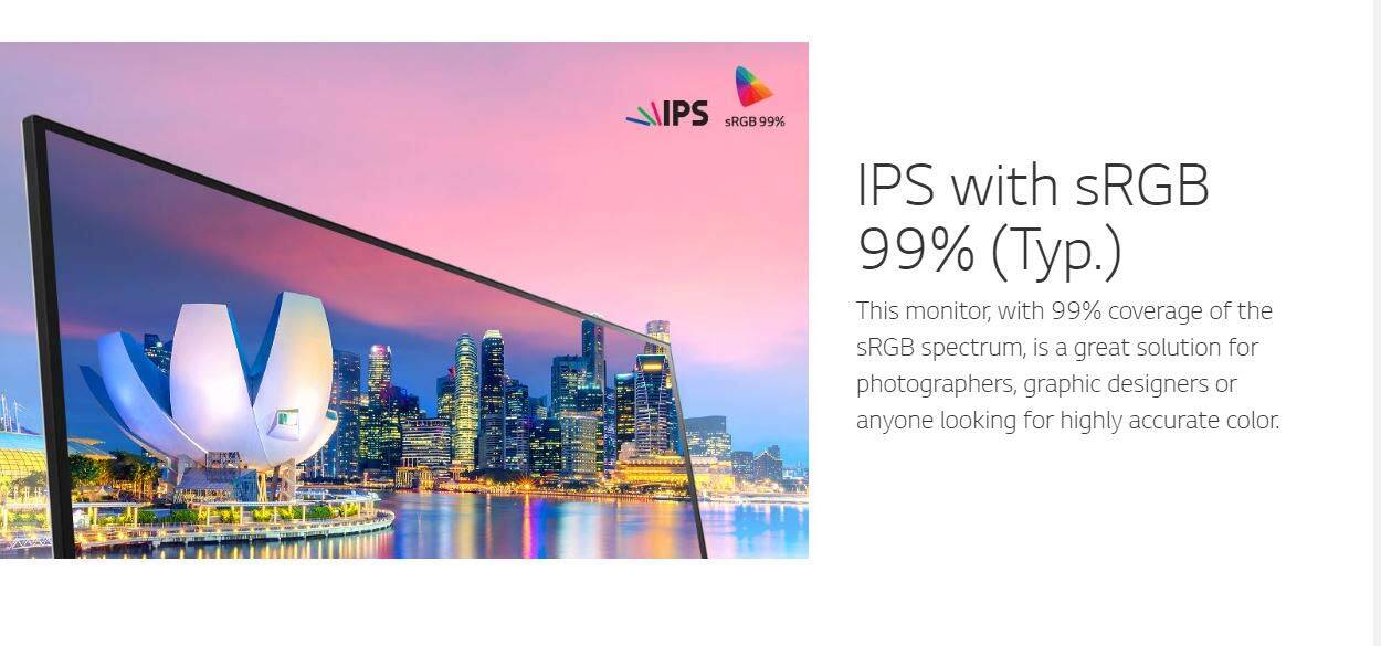 IPS with sRGB 99% (Typ.)

This monitor, with 99% coverage of the sRGB spectrum, is a great solution for photographers, graphic designers or anyone looking for highly accurate color.