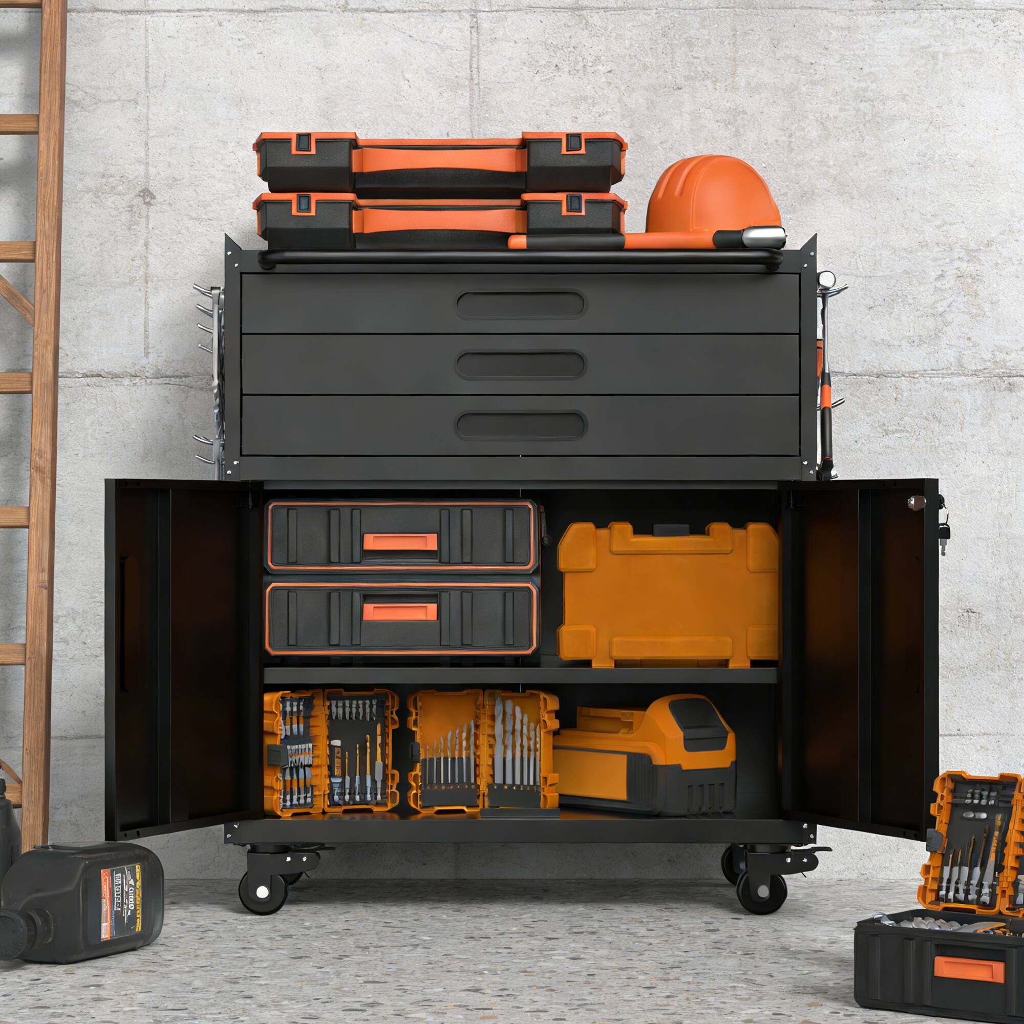 Left. LOVMOR - 34.3 Inch Heavy Duty Rolling Metal Tool Cabinet with Lockable Doors 3 Drawers Mobile Workbench for Garage Workshop Home.