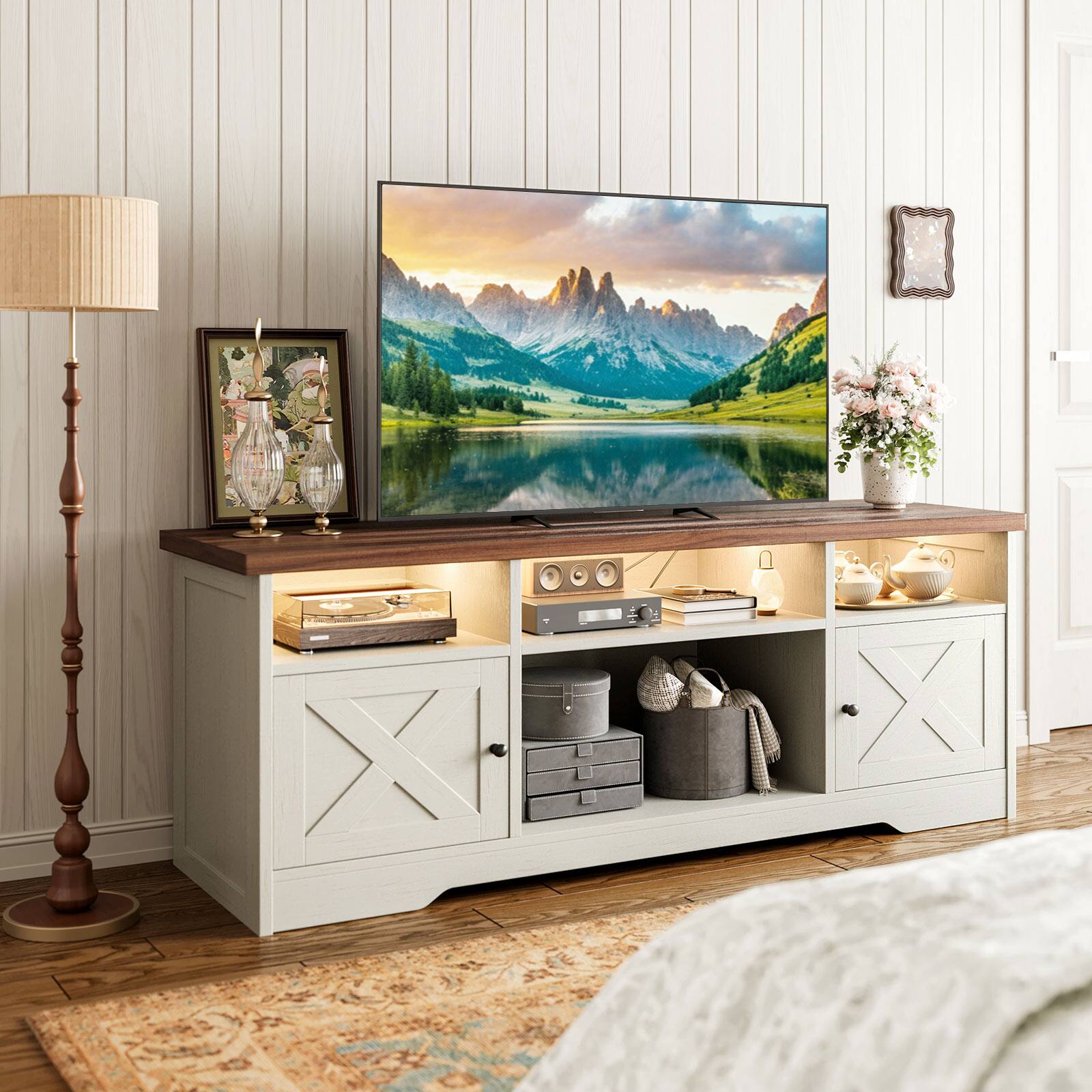 Alt View 1. AODK - TV Stand for 65-Inch TVs with Built-In Power Outlet and LED Lighting, Farmhouse Entertainment Center with Storage - Walnut+white.