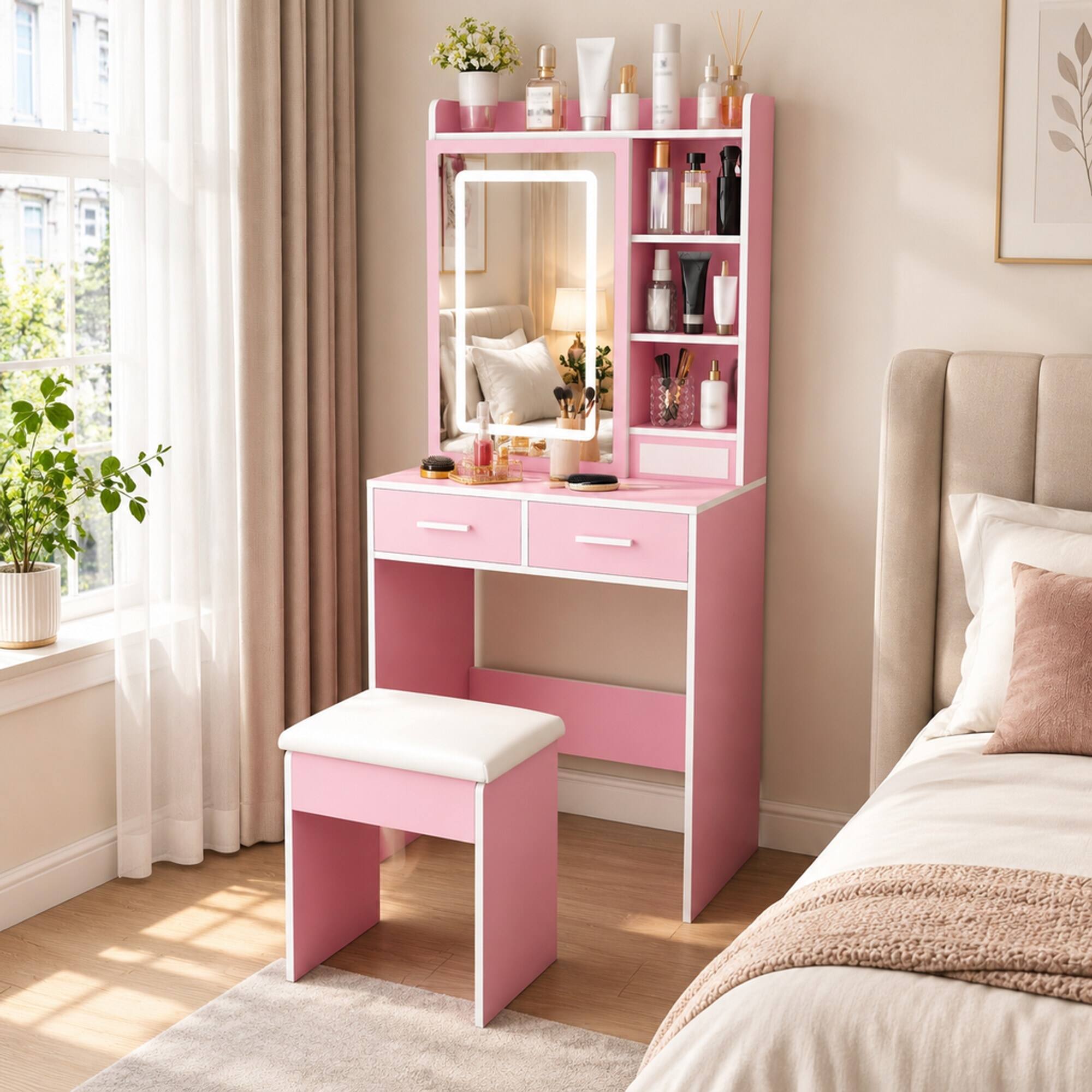 Angle. RYHNUYNE - Small Makeup Vanity Desk, Pink, LED Mirror, Power Outlet, Hidden Storage, Padded Stool, Shelf, Space-Saving - Pink.