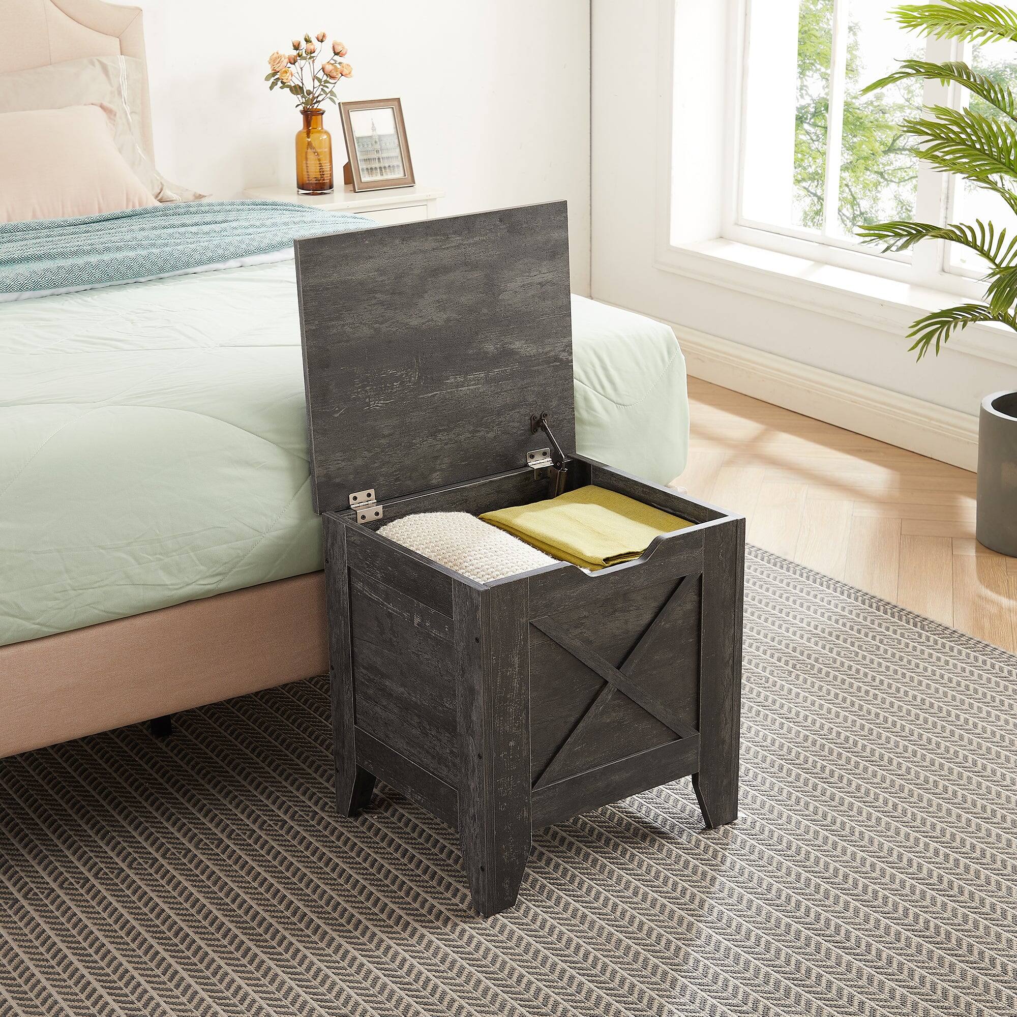 Back. Vecelo - 17.7" Wood Storage Chest with Safety Hinge, Entryway Storage Bench Trunk with Lid - Grey.