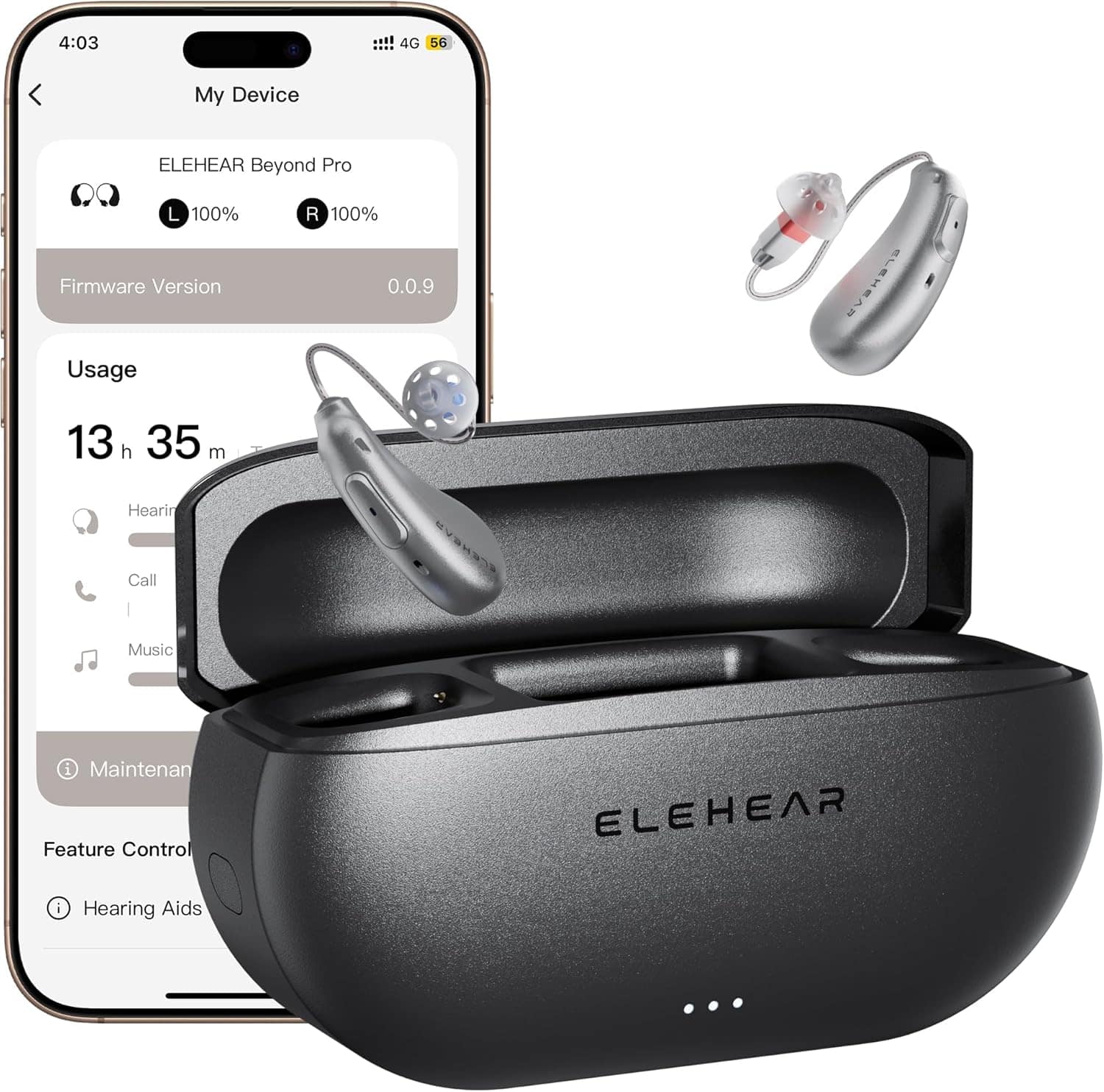 4:03 4G 56 My Device ELEHEAR Beyond Pro L 100% R 100% Firmware Version 0.0.9 Usage 13 h 35 m Hearing Call Music Maintenance Feature Control Hearing Aids