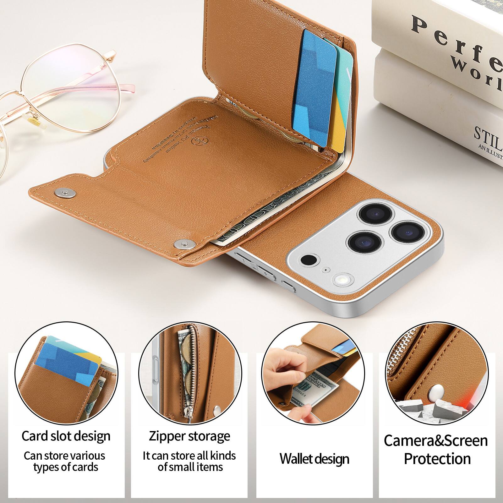 5 TOWN COMPANIA Cassiton VISITANA pospers,
Perfe Worl STIL AN ANILLUST

Carbook
Card slot design Can store various types of cards
Zipper storage It can store all kinds of small items
Camera&Screen Wallet design Protection
