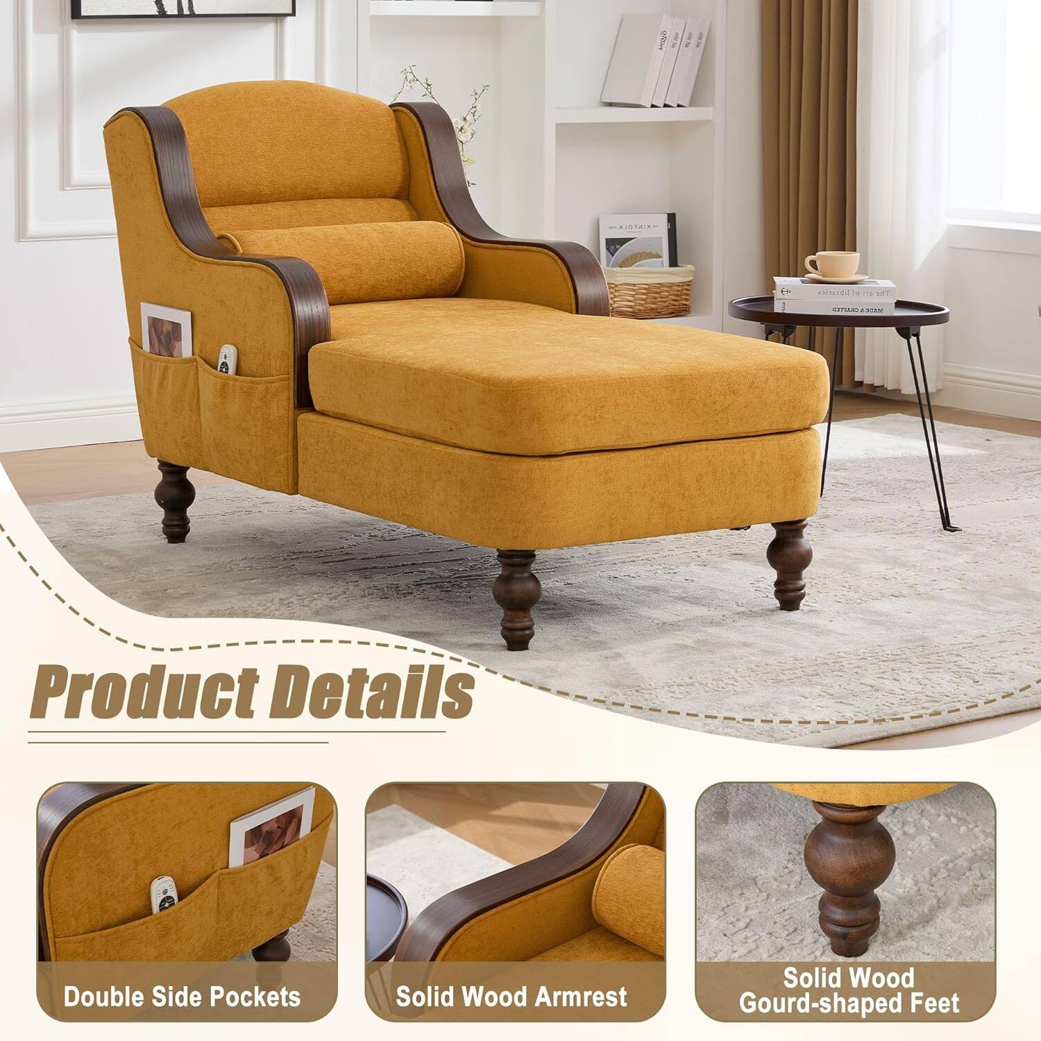 Product Details

- Double Side Pockets
- Solid Wood Armrest
- Solid Wood Gourd-shaped Feet