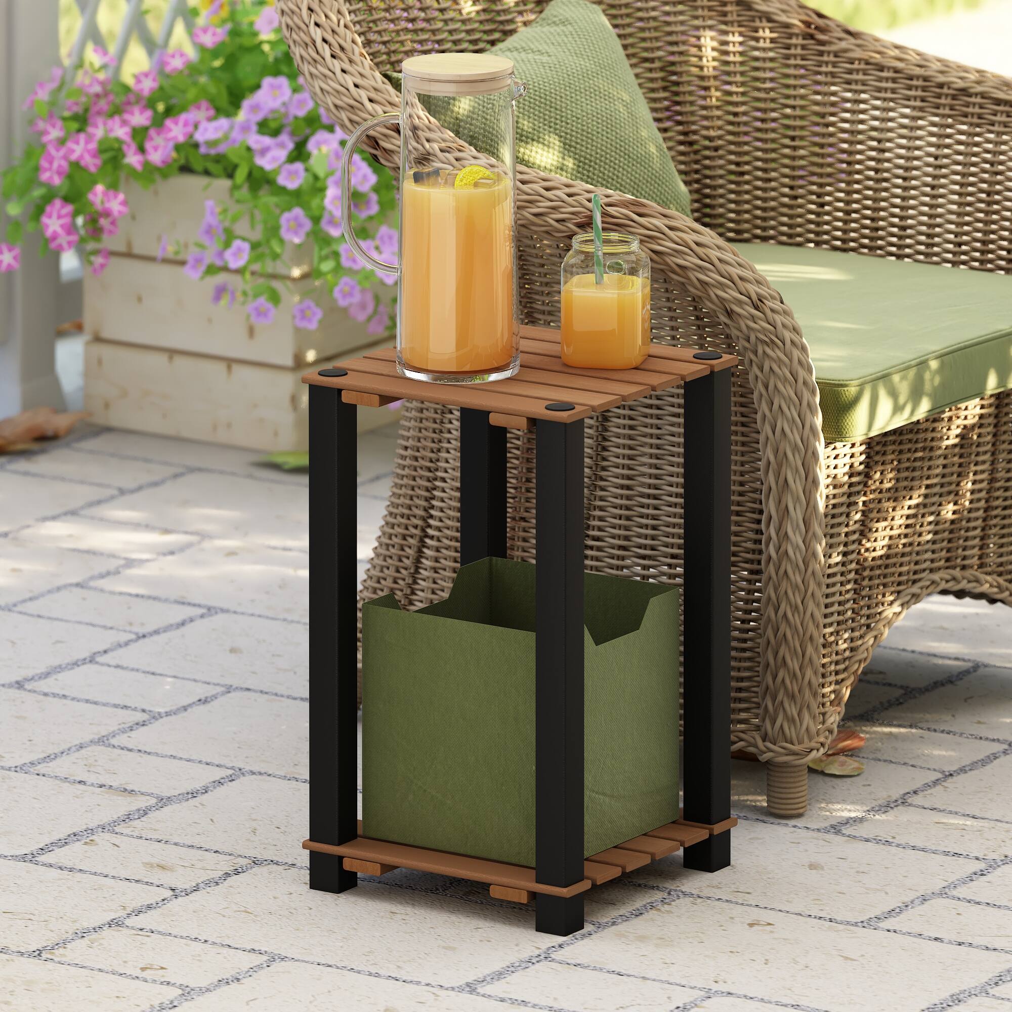 Alt View 5. Furinno - Pangkor 2-Tier Turn-N-Tube Indoor Outdoor Plant Shelf Wood Side Table with Square Poles - Natural/Black.