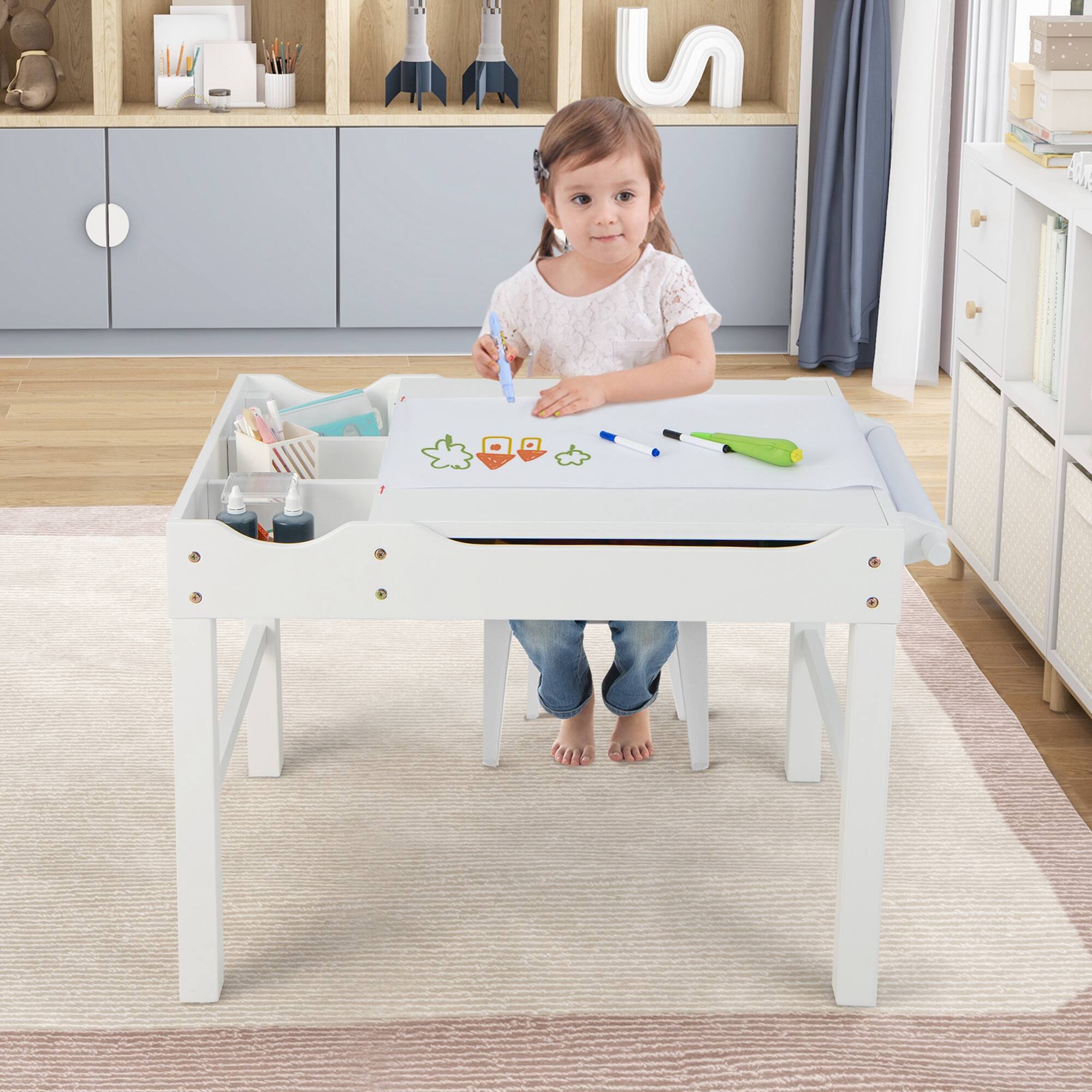 Alt View 1. Costway - Costway Kids Multi Activity Play Table Wooden Building Block Desk with Storage Paper Roll - White.