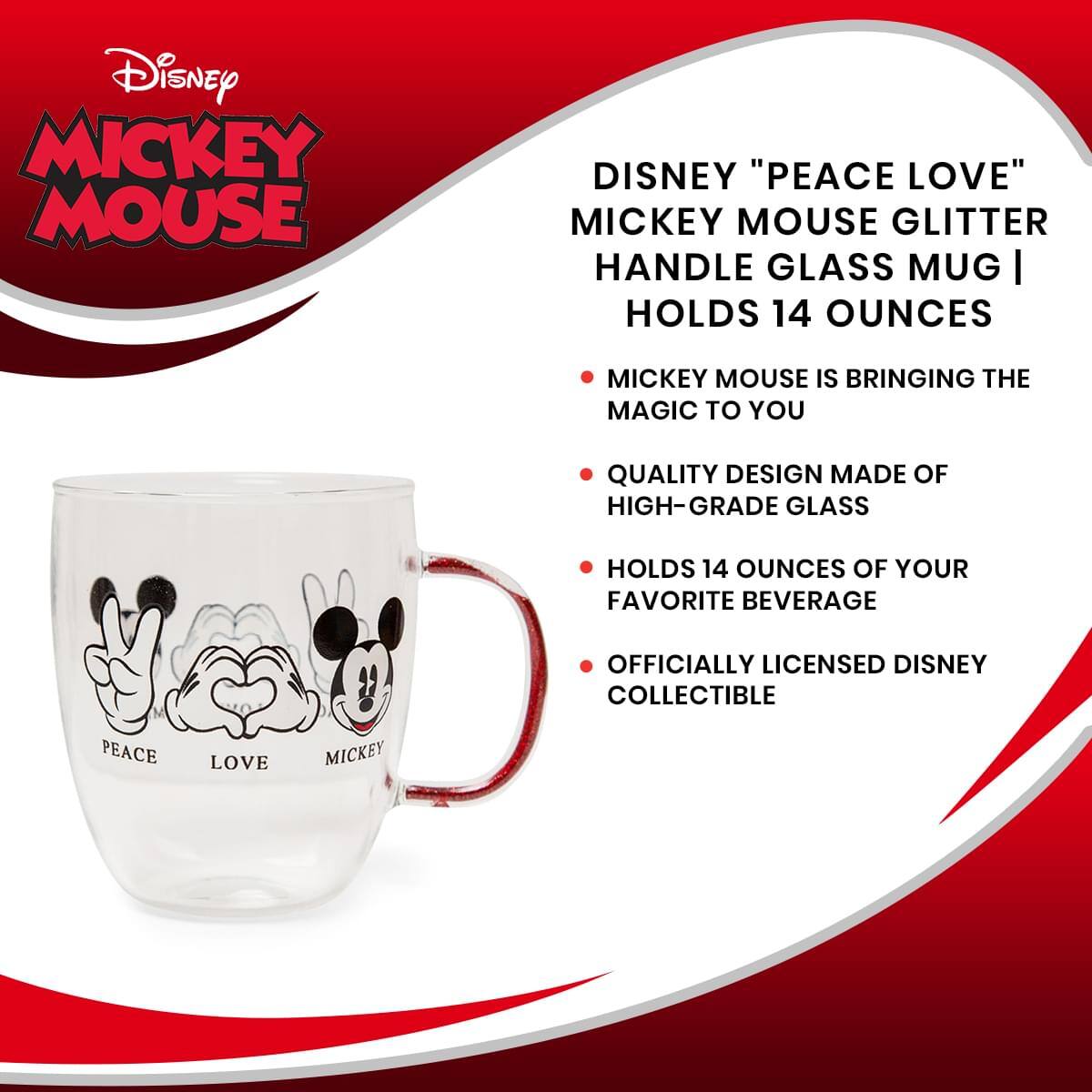 Disney "Peace Love" Mickey Mouse Glitter Handle Glass Mug | Holds 14 Ounces

- Mickey Mouse is bringing the magic to you
- Quality design made of high-grade glass
- Holds 14 ounces of your favorite beverage
- Officially licensed Disney collectible