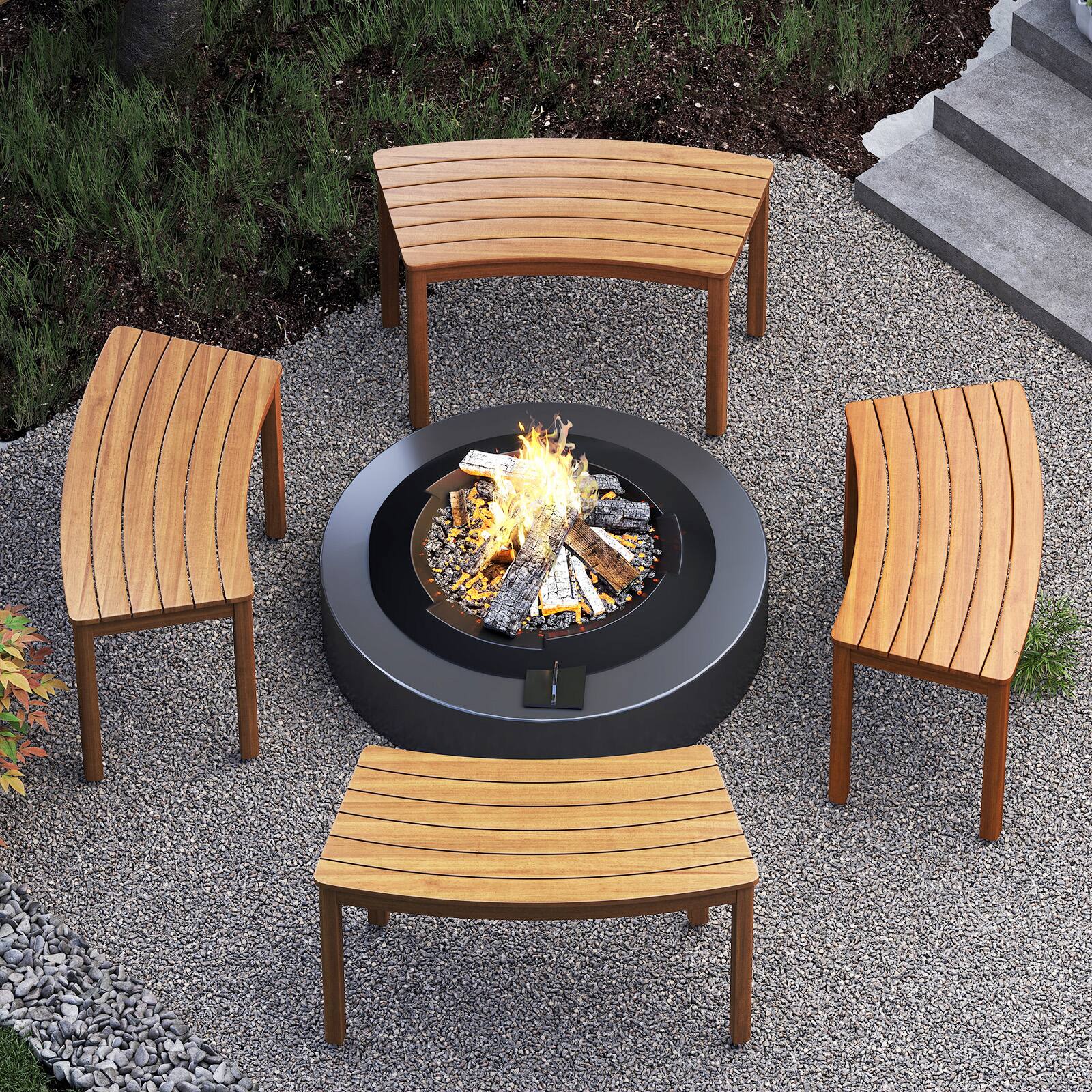 Alt View 1. Gymax - Gymax Outdoor Curved Acacia Wood Bench Set of 4 Patio Garden Backless Fire Pit Bench - Yellow.