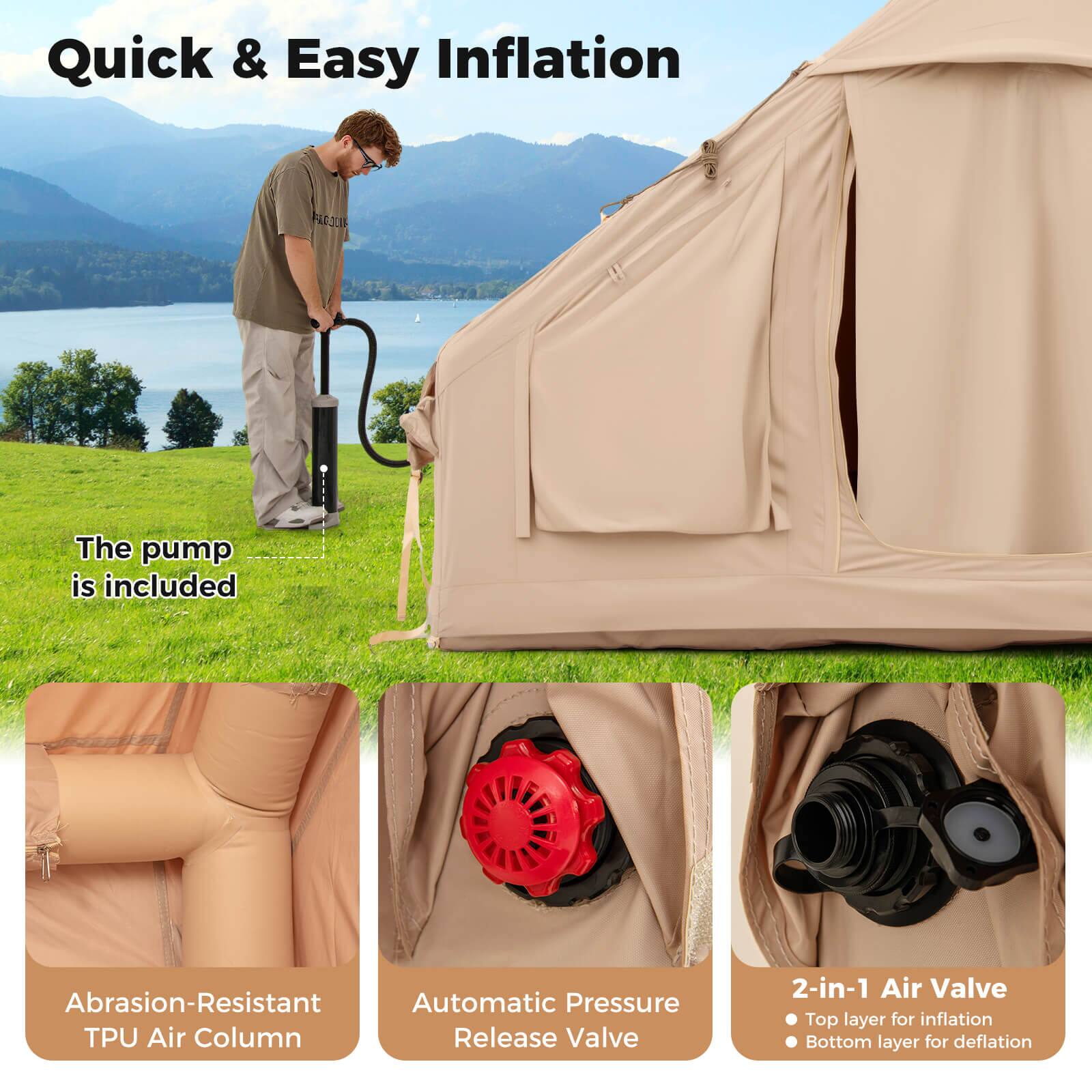 Quick & Easy Inflation

The pump is included

Abrasion-Resistant TPU Air Column

Automatic Pressure Release Valve

2-in-1 Air Valve
- Top layer for inflation
- Bottom layer for deflation