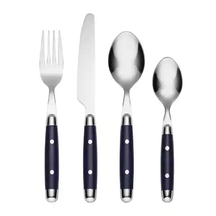 Front. Dazzed Corner - Silverware Set, 16-Piece Flatware Set, Service for 4, 18/0 Stainless Steel, Dishwasher Safe - Blue.
