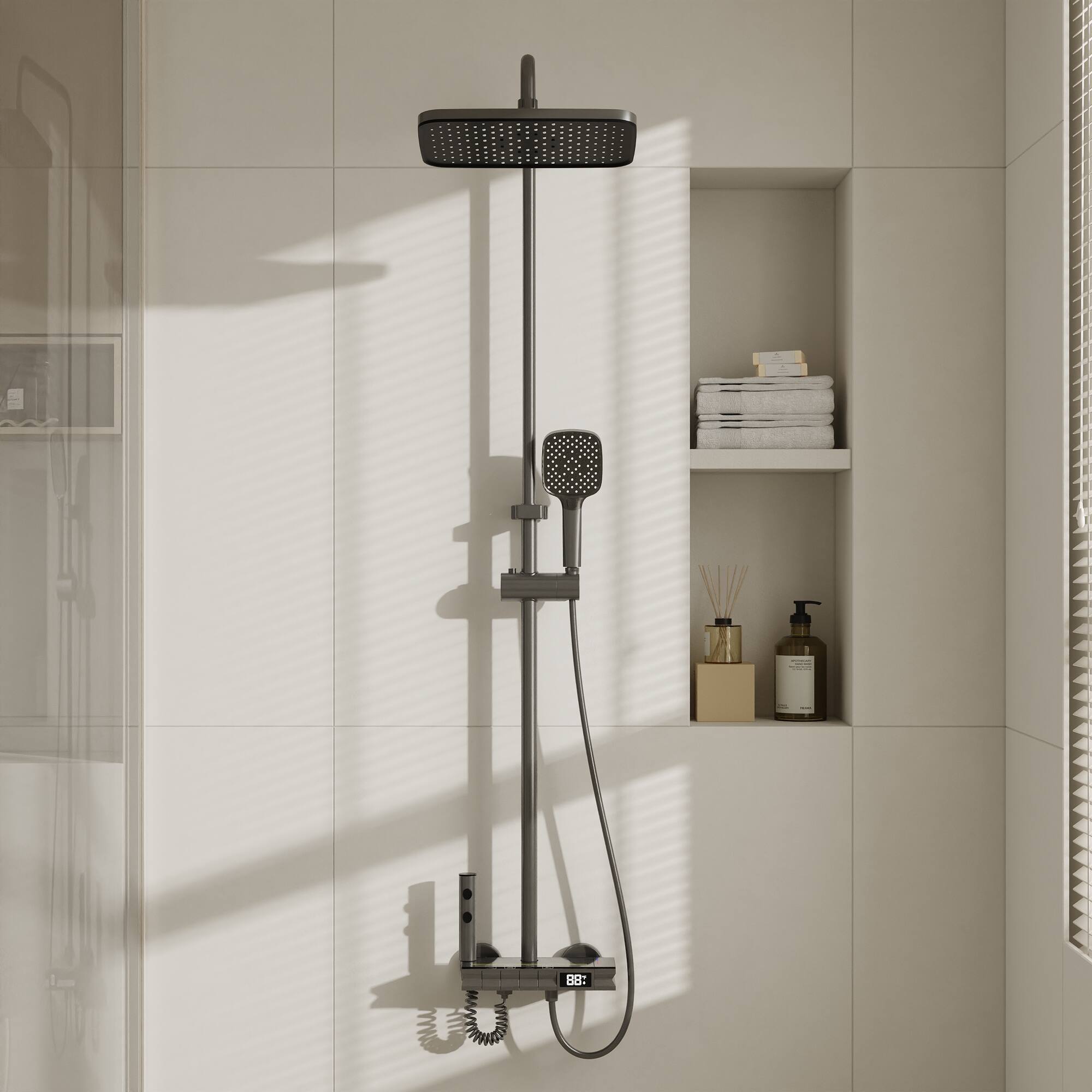 Angle. Famapy - LED Thermostatic Shower System with 3-Mode Handheld Spray, 4-Function Piano Button Rainfall Shower Combo - Gunmetal Gray.