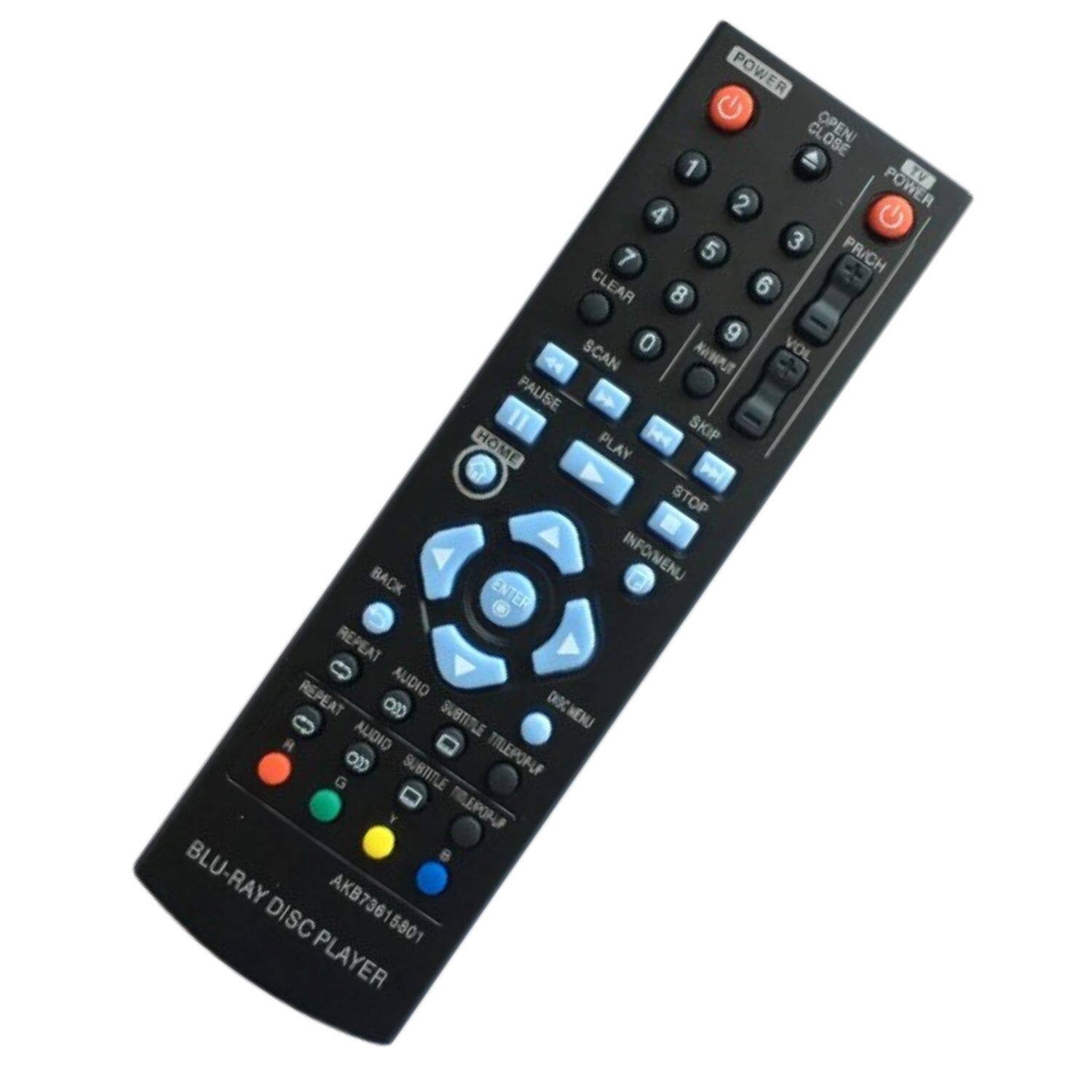 Sure, here is the corrected and grouped text from the image:

**Top Section:**
- POWER
- OPEN CLOSE
- POWER

**Number Pad:**
- 1
- 2
- 3
- 4
- 5
- 6
- 7
- 8
- 9
- 0

**Function Buttons:**
- PR/CH
- CLEAR
- SCAN
- VOL
- PAUSE
- SKIP
- HOME
- PLAY
- STOP
- BACK
- INFO/MENU
- ENTER
- REPEAT
- REPEAT
- AUDIO
- SUBTITLE
- DISC
- MENU

**Color Buttons:**
- RED
- GREEN
- YELLOW
- BLUE

**Bottom Section:**
- BLU-RAY DISC PLAYER
- AKB73615801