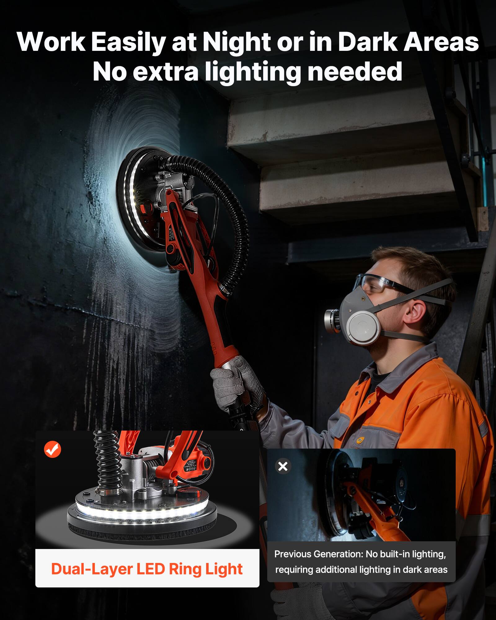 Work Easily at Night or in Dark Areas  
No extra lighting needed

Dual-Layer LED Ring Light

Previous Generation: No built-in lighting, requiring additional lighting in dark areas