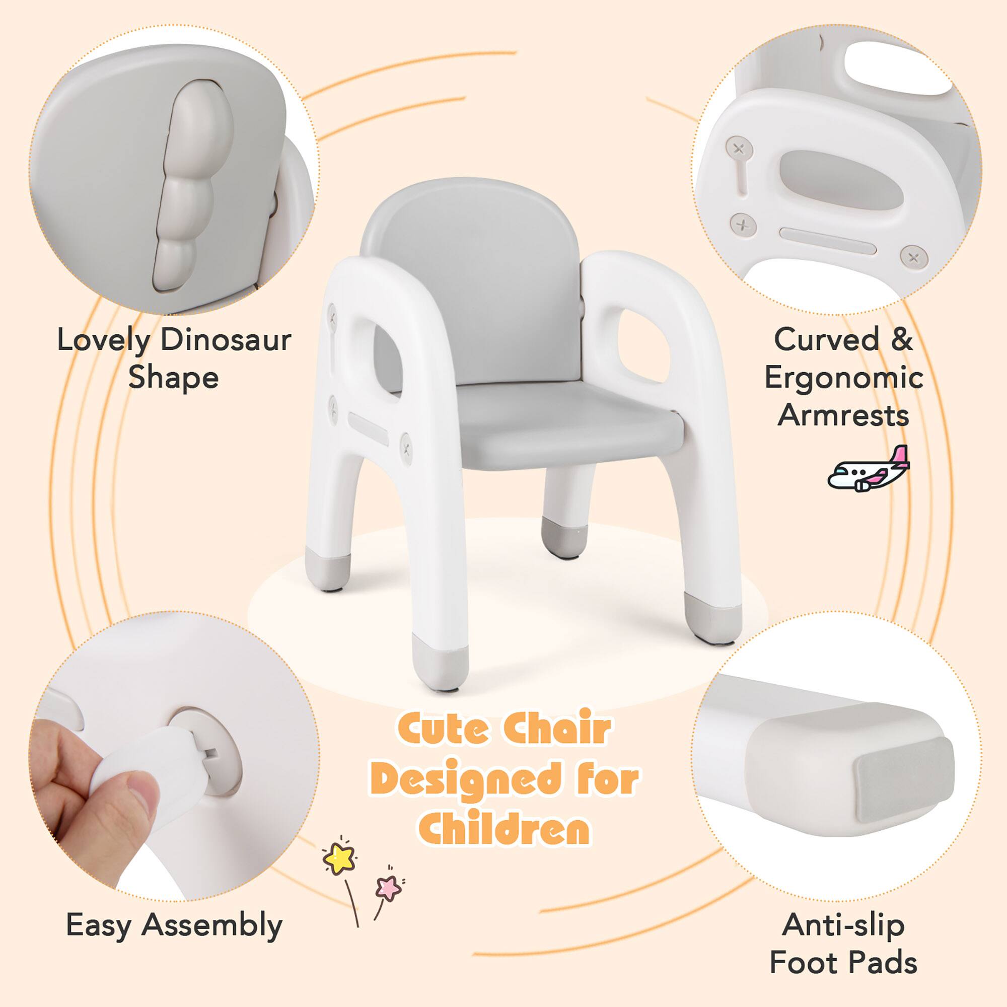 Lovely Dinosaur Shape, Curved & Ergonomic Armrests, Easy Assembly, Anti-slip Foot Pads, Cute Chair Designed for Children