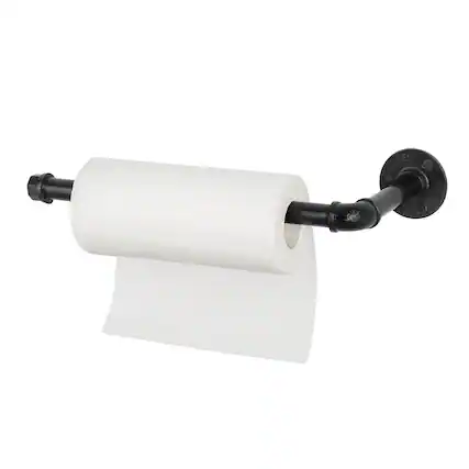 Front. Oumilen - Industrial Cast Iron Wall Mount Paper Towel Holder, Matte Black Pipe Kitchen Roll Paper Dispenser.