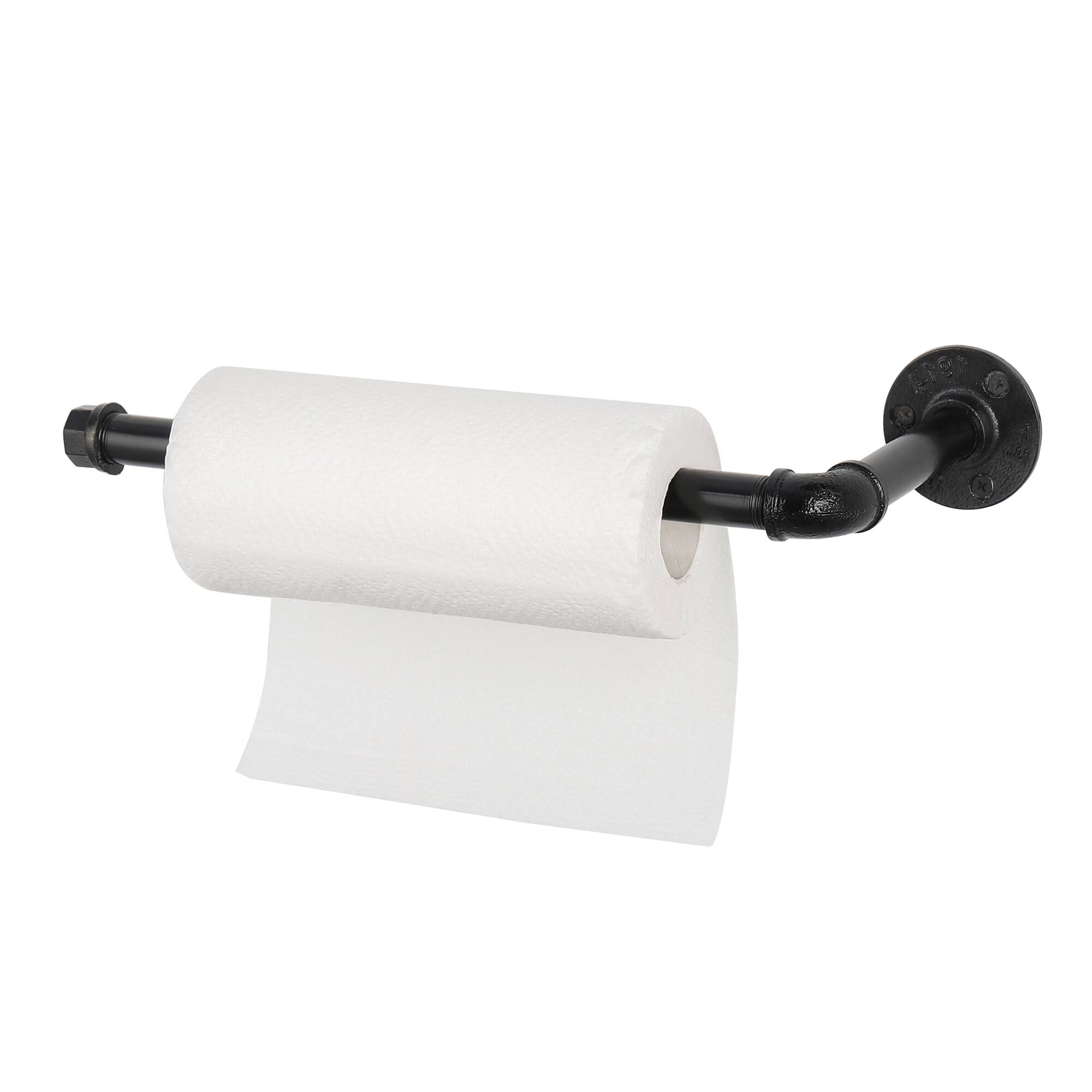 Front. Oumilen - Industrial Cast Iron Wall Mount Paper Towel Holder, Matte Black Pipe Kitchen Roll Paper Dispenser.