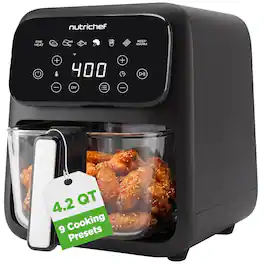 NutriChef - 4.2QT Glass Air Fryer, 9-in-1 Presets, Glass Fry Bowl, Temp & Timer Control, Steak, Chicken, Fish & Fries - Black
