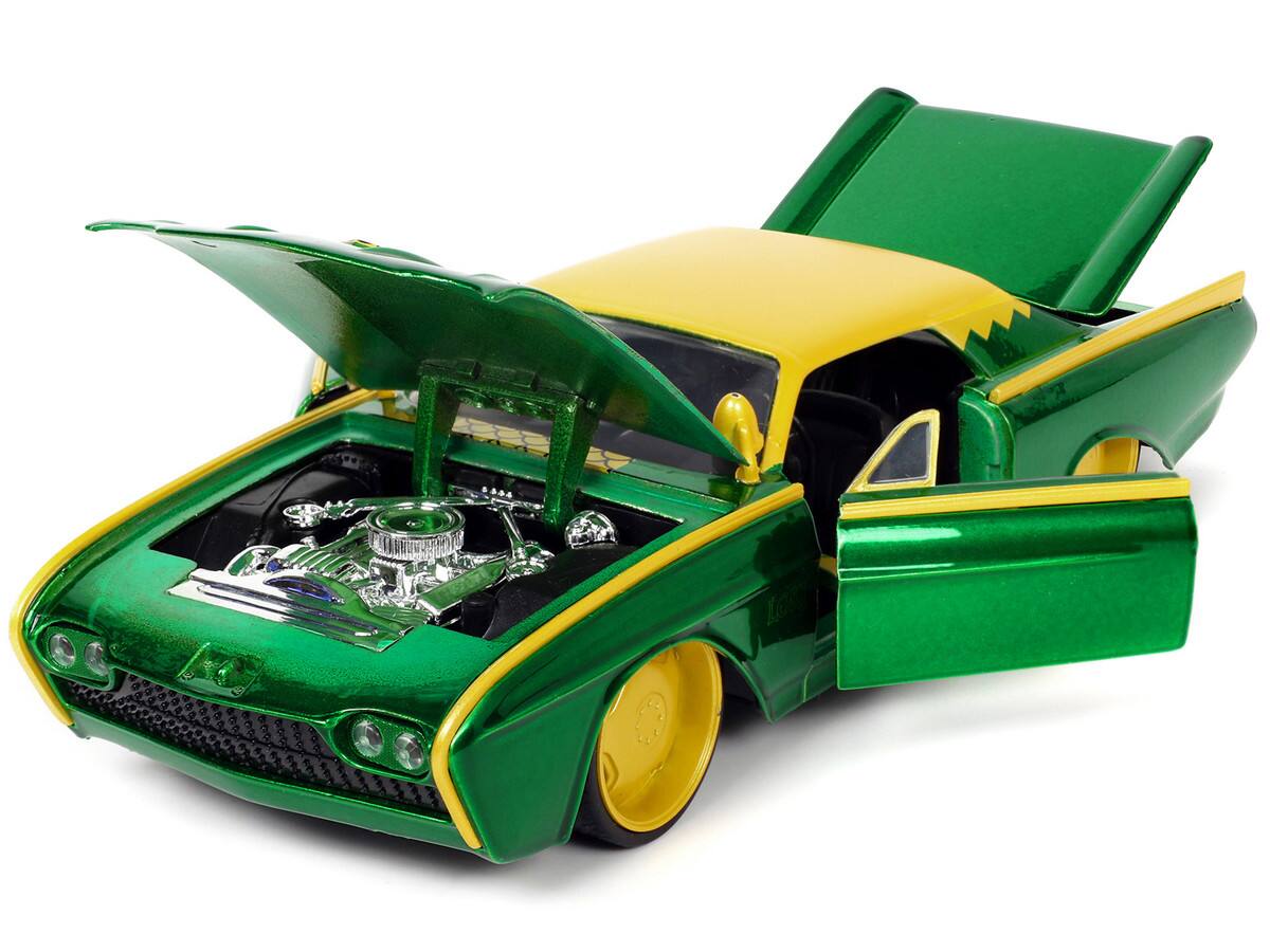 Angle. Jada - 1963 Ford Thunderbird Green and Yellow Metallic with Hood Graphics and Loki Diecast Figure "Loki" "Marvel" Series 1/24 - Green and yellow metallic.