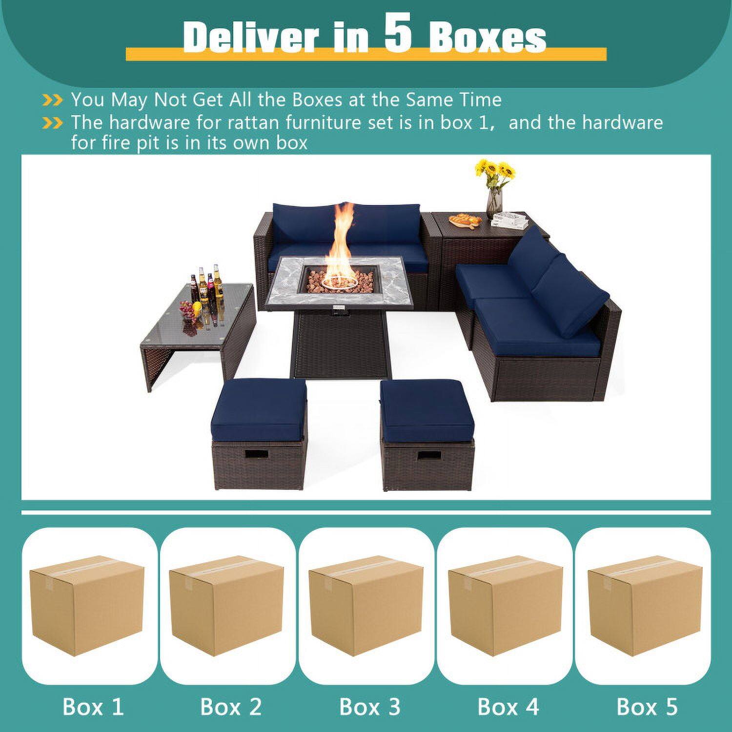 Deliver in 5 Boxes

>> You May Not Get All the Boxes at the Same Time

>> The hardware for rattan furniture set is in box 1, and the hardware for fire pit is in its own box

Box 1 Box 2 Box 3 Box 4 Box 5